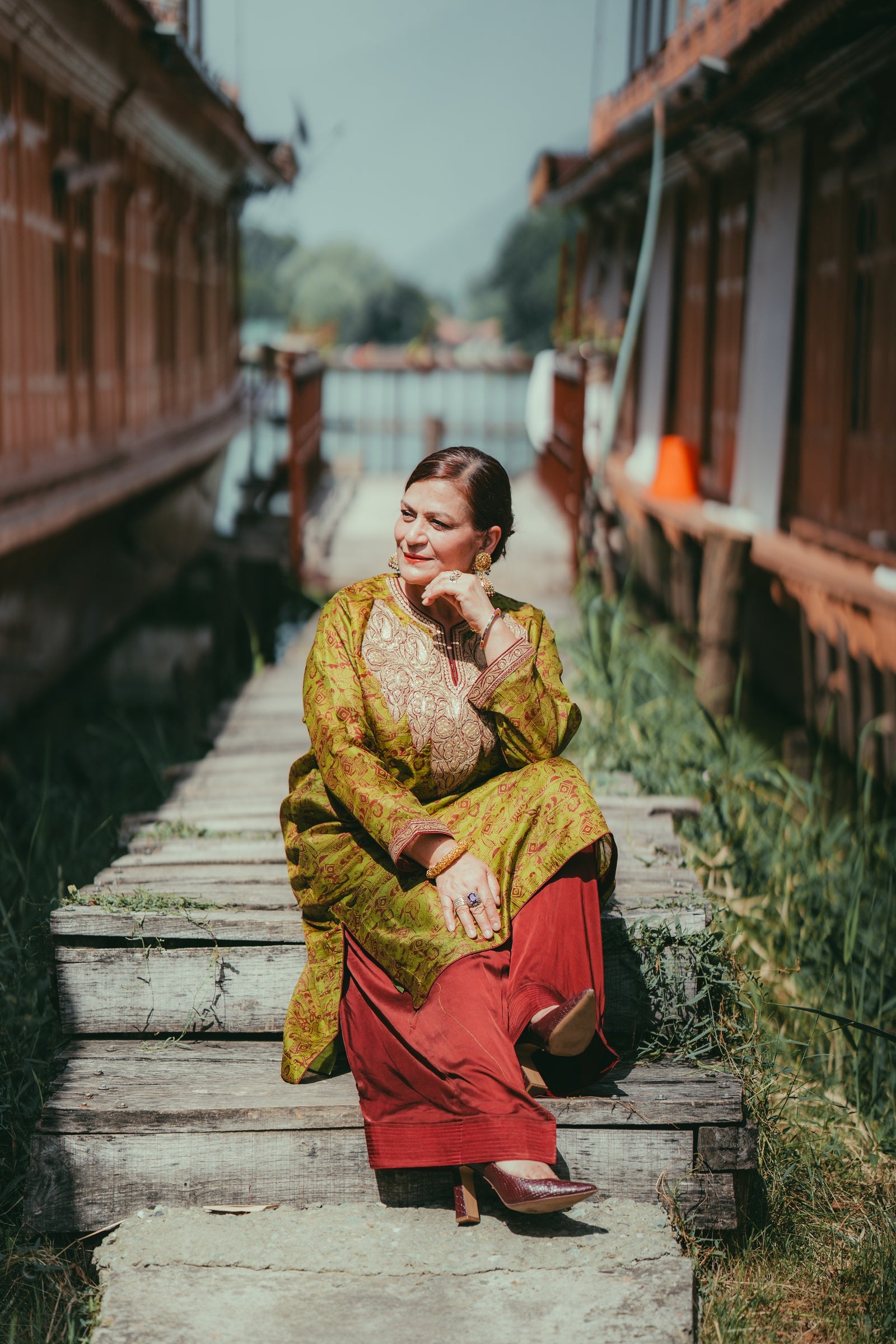 Mehendi Green Printed Silk Phiran with Maroon Shalwar
