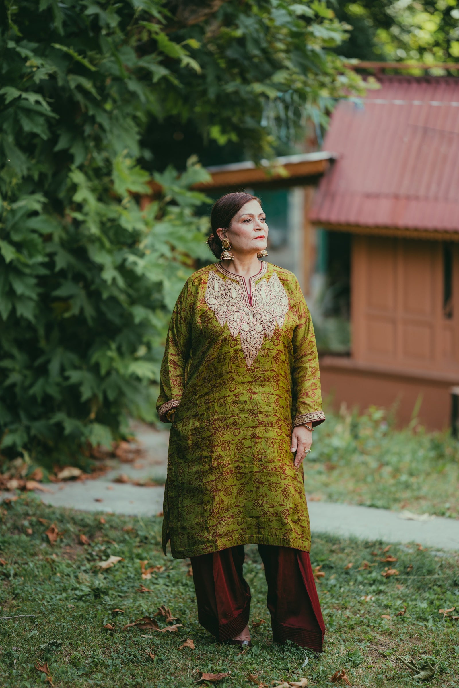 Mehendi Green Printed Silk Phiran with Maroon Shalwar