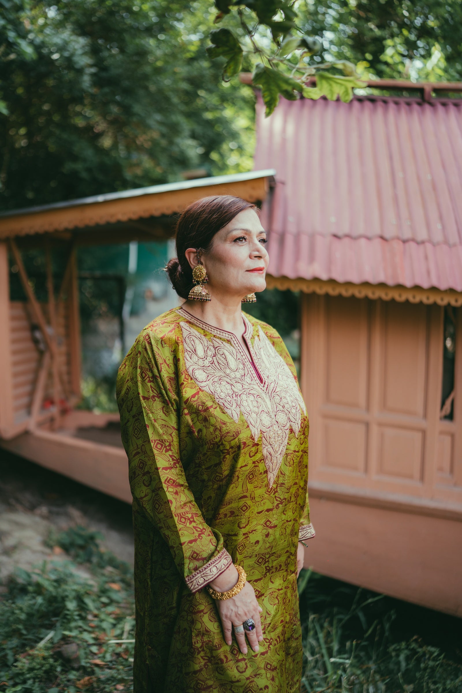Mehendi Green Printed Silk Phiran with Maroon Shalwar