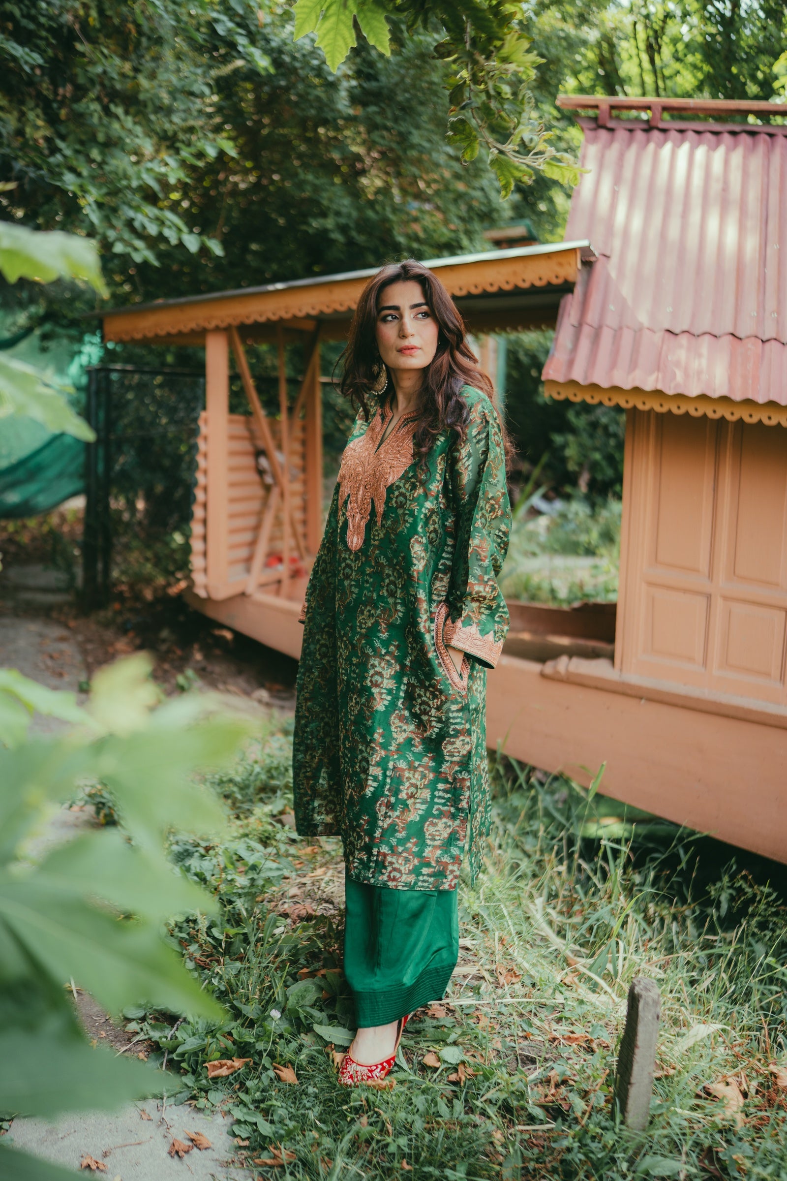 Green Jamdani Organza Phiran with Rose Gold Tilla