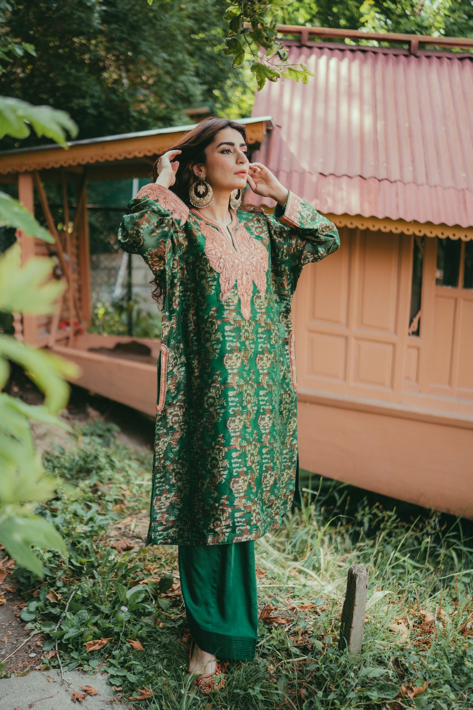 Green Jamdani Organza Phiran with Rose Gold Tilla