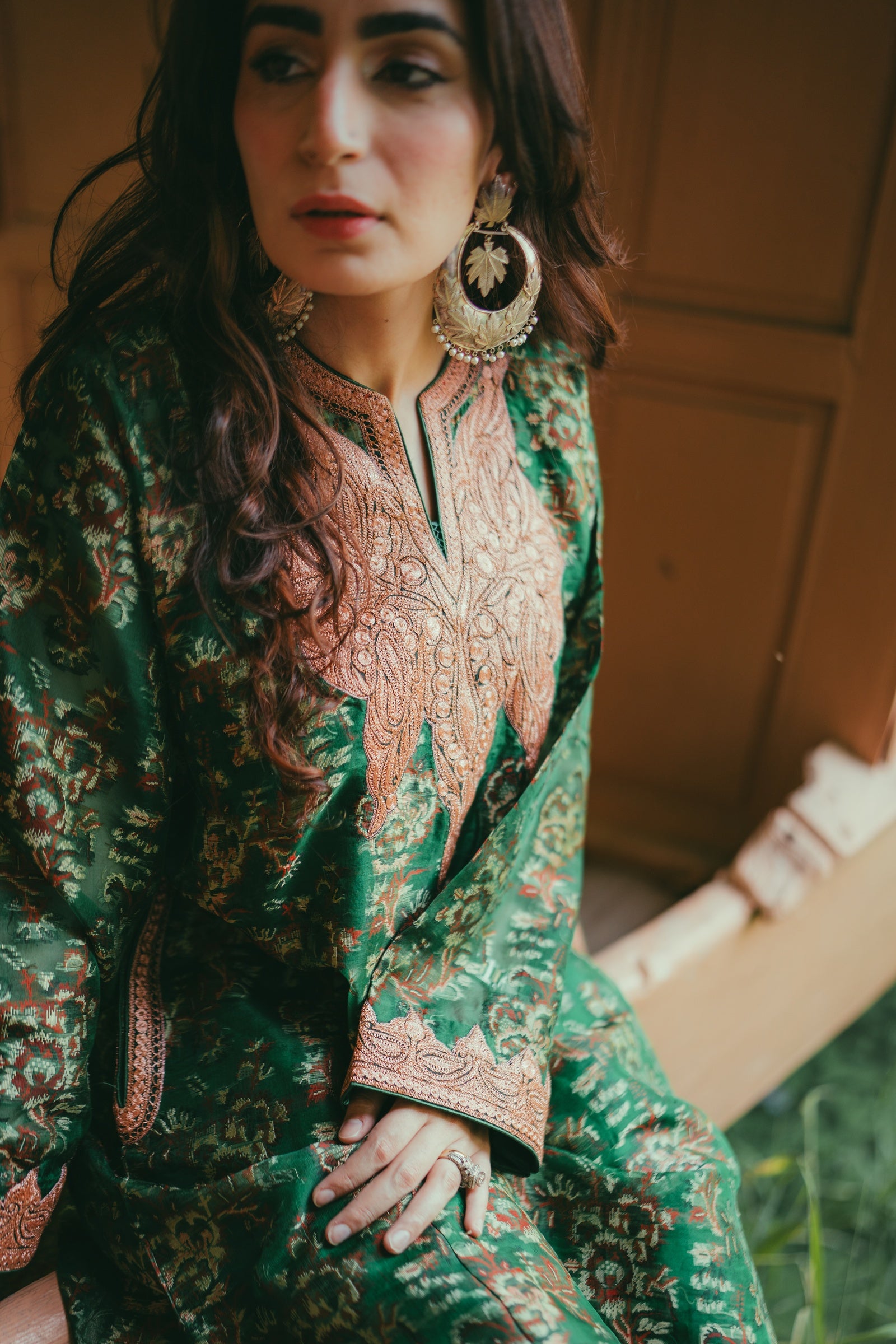 Green Jamdani Organza Phiran with Rose Gold Tilla