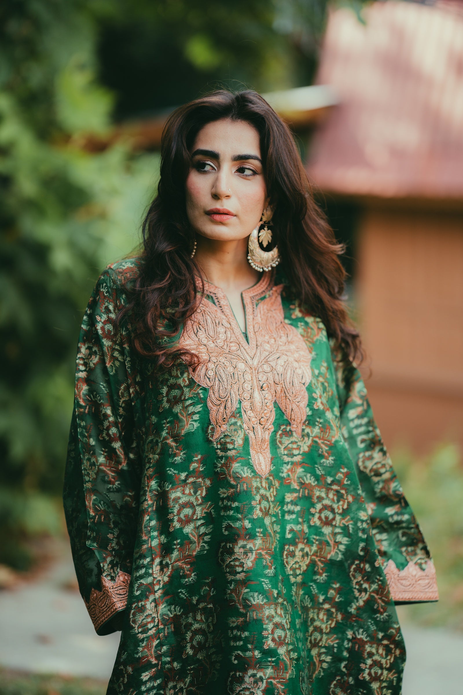 Green Jamdani Organza Phiran with Rose Gold Tilla