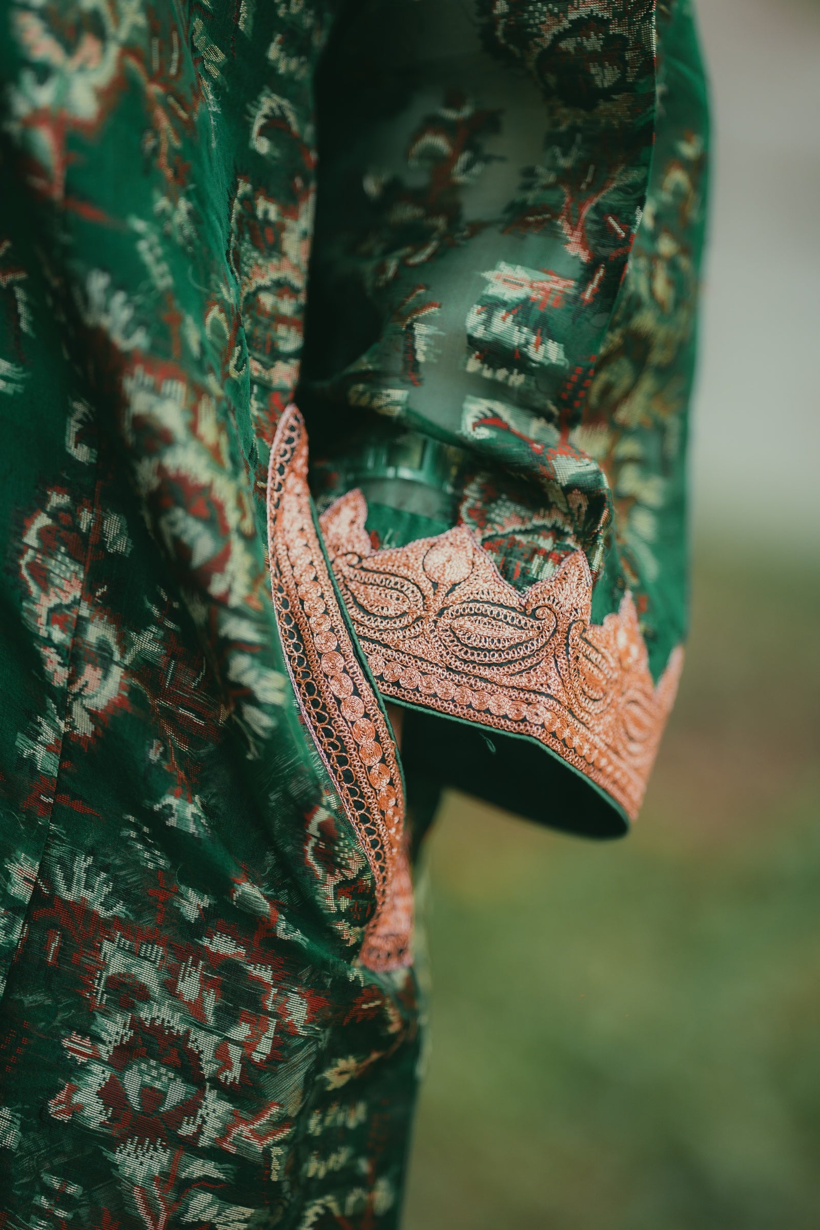 Green Jamdani Organza Phiran with Rose Gold Tilla