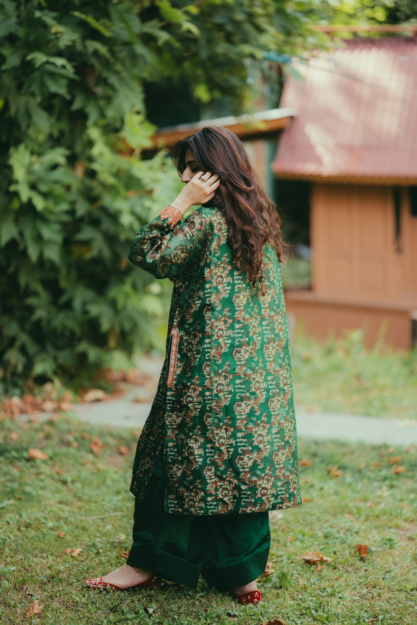 Green Jamdani Organza Phiran with Rose Gold Tilla