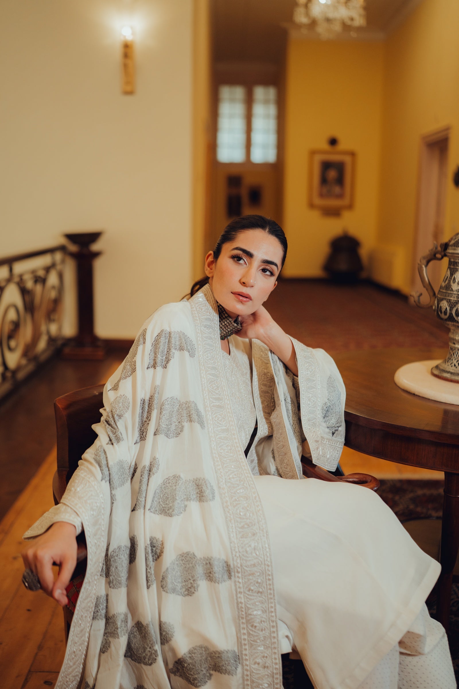 White Kashmiri Chinon Tilla Suit