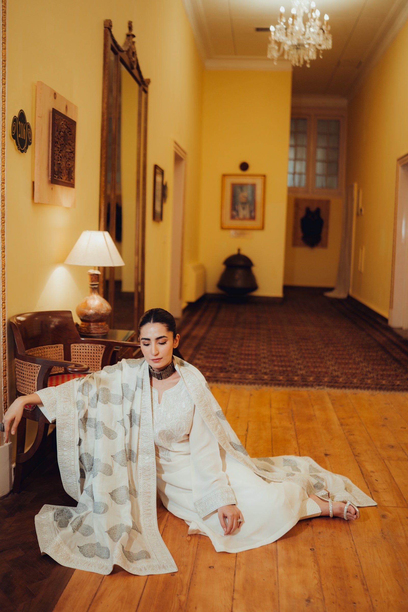 White Kashmiri Chinon Tilla Suit