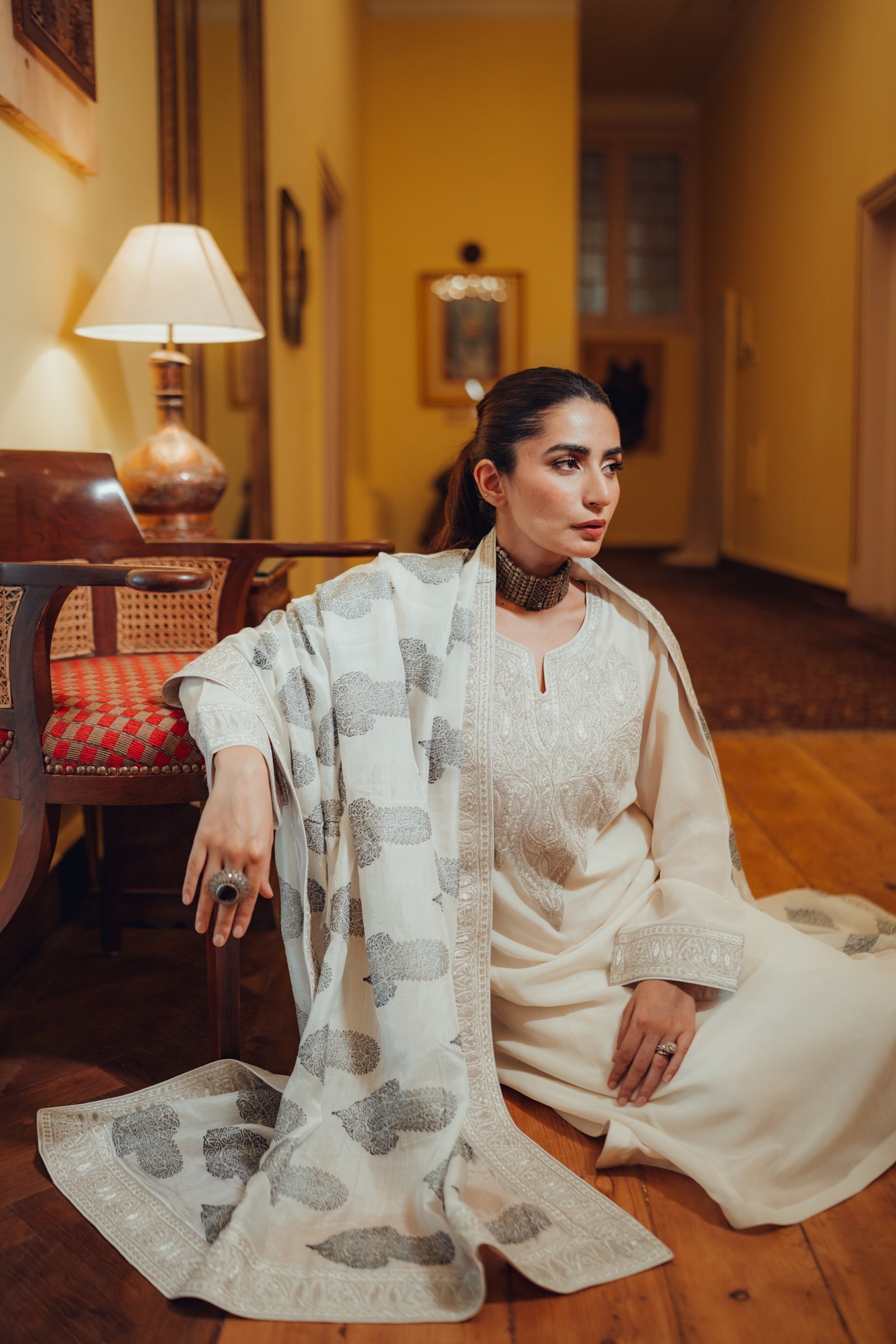 White Kashmiri Chinon Tilla Suit