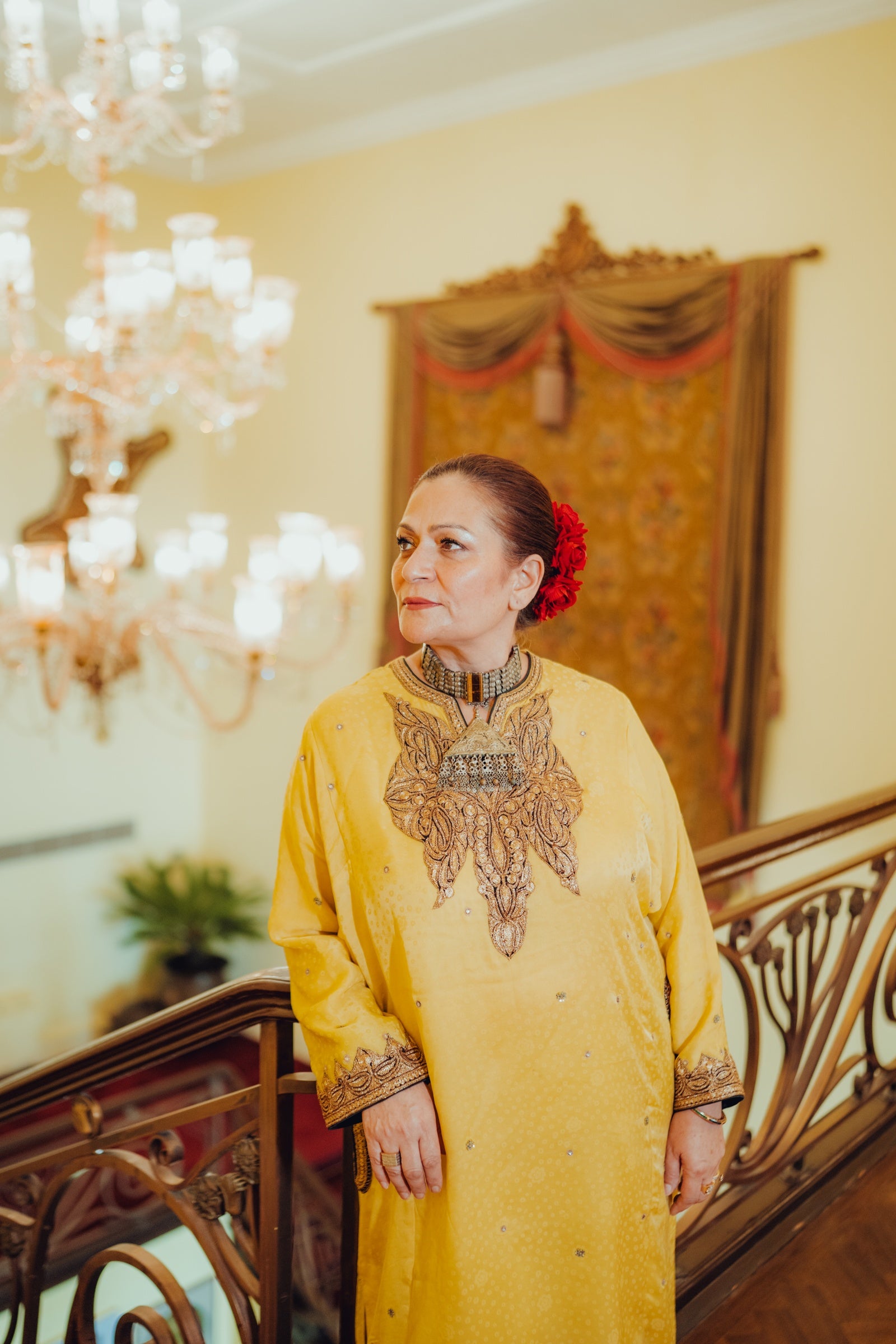 Yellow Satin Phiran Set with Kundan