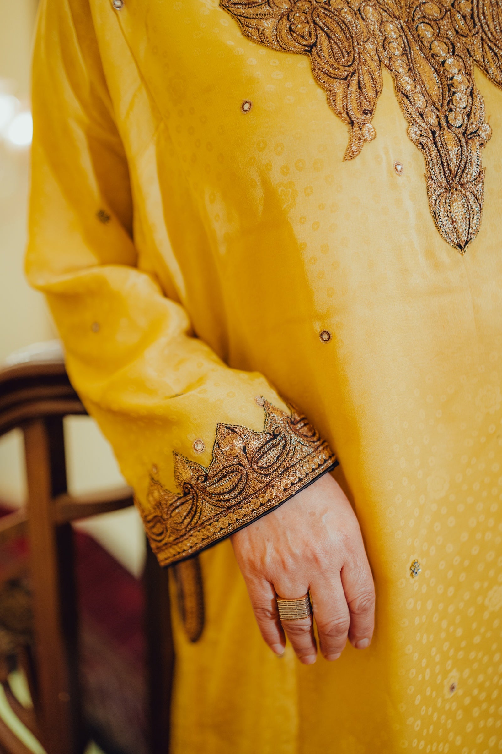 Yellow Satin Phiran Set with Kundan