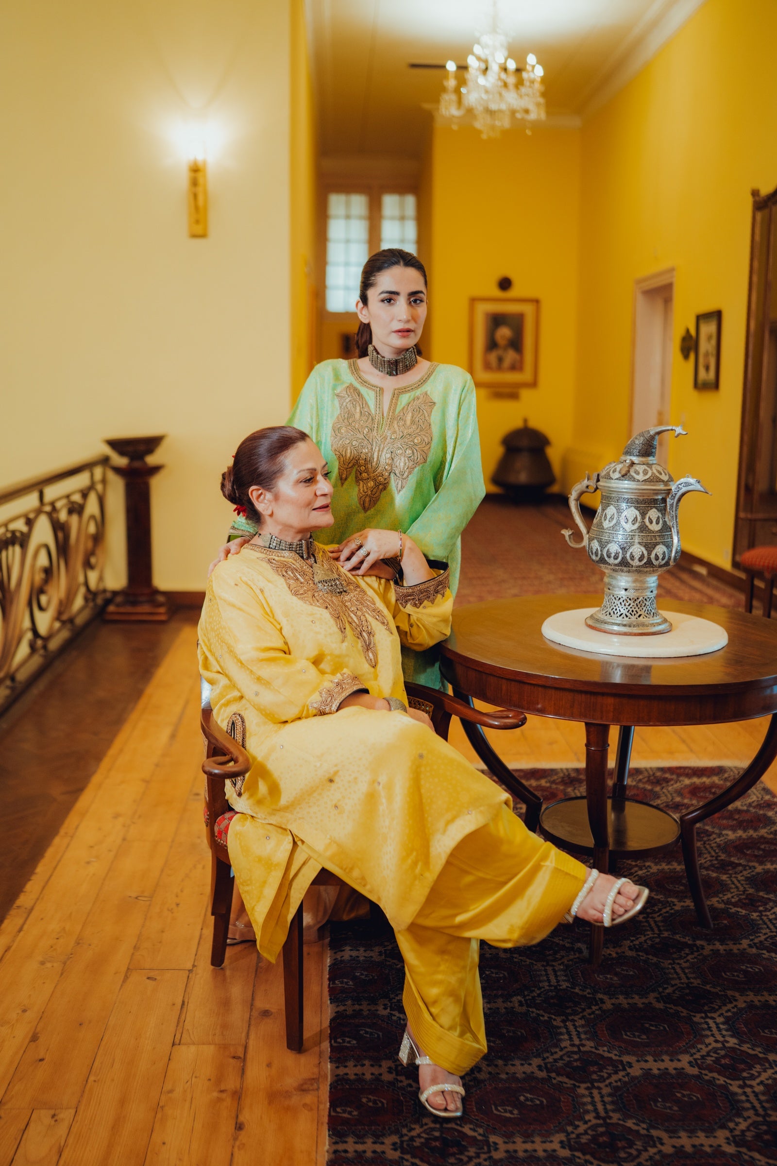 Yellow Satin Phiran Set with Kundan