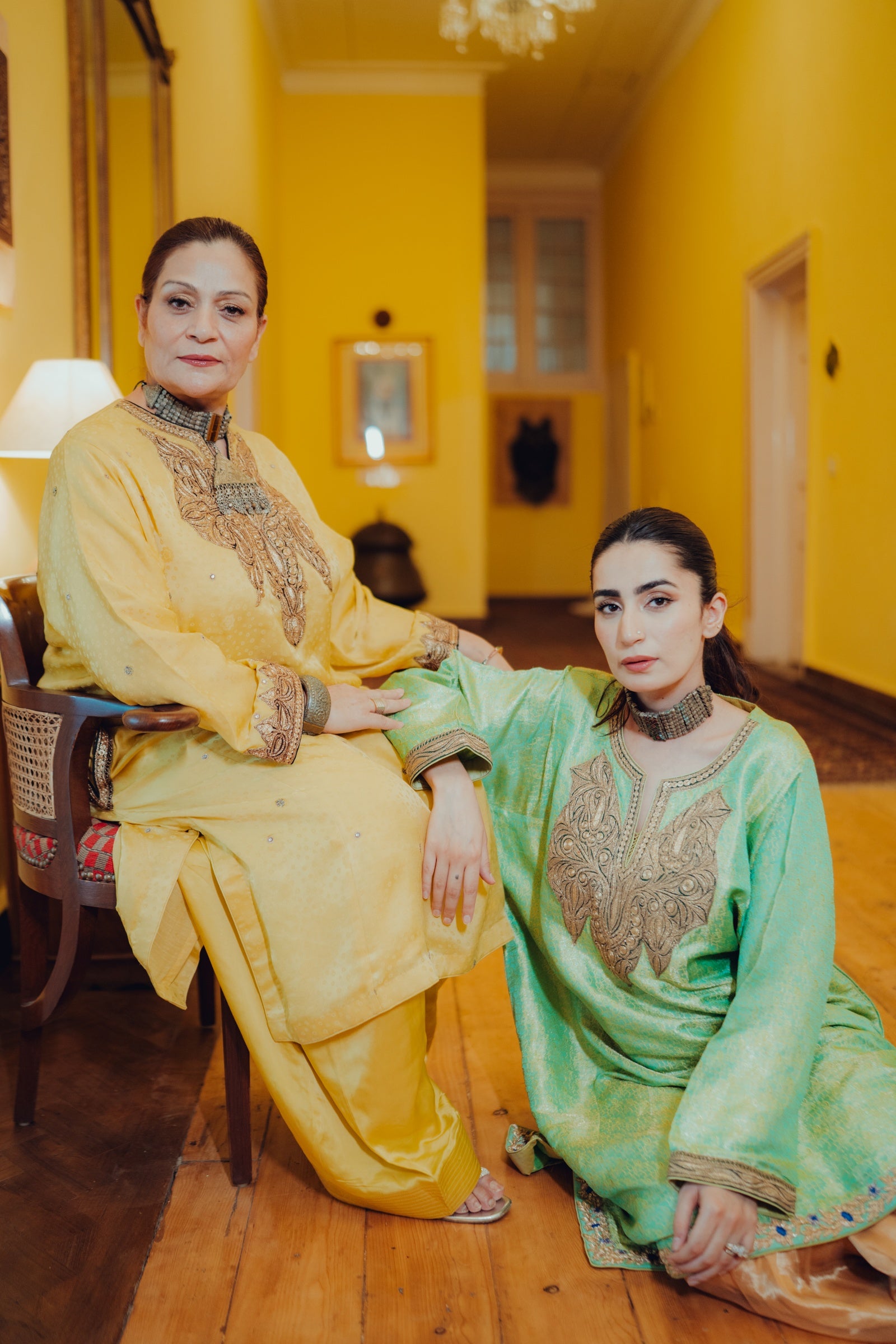 Sea-Green Jamawar Phiran Set with Golden Tilla