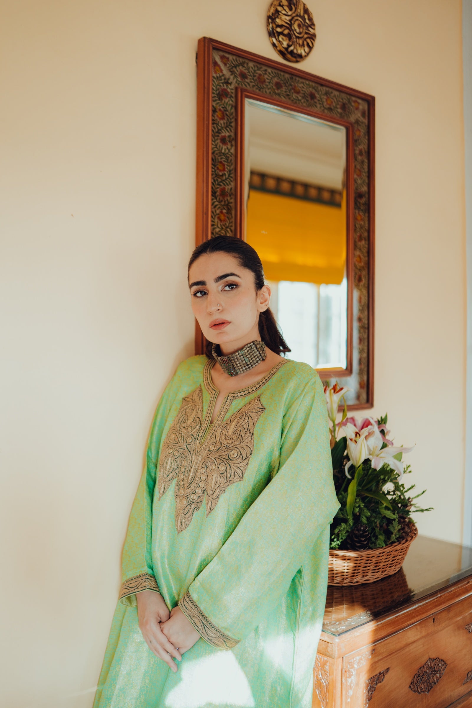 Sea-Green Jamawar Phiran Set with Golden Tilla