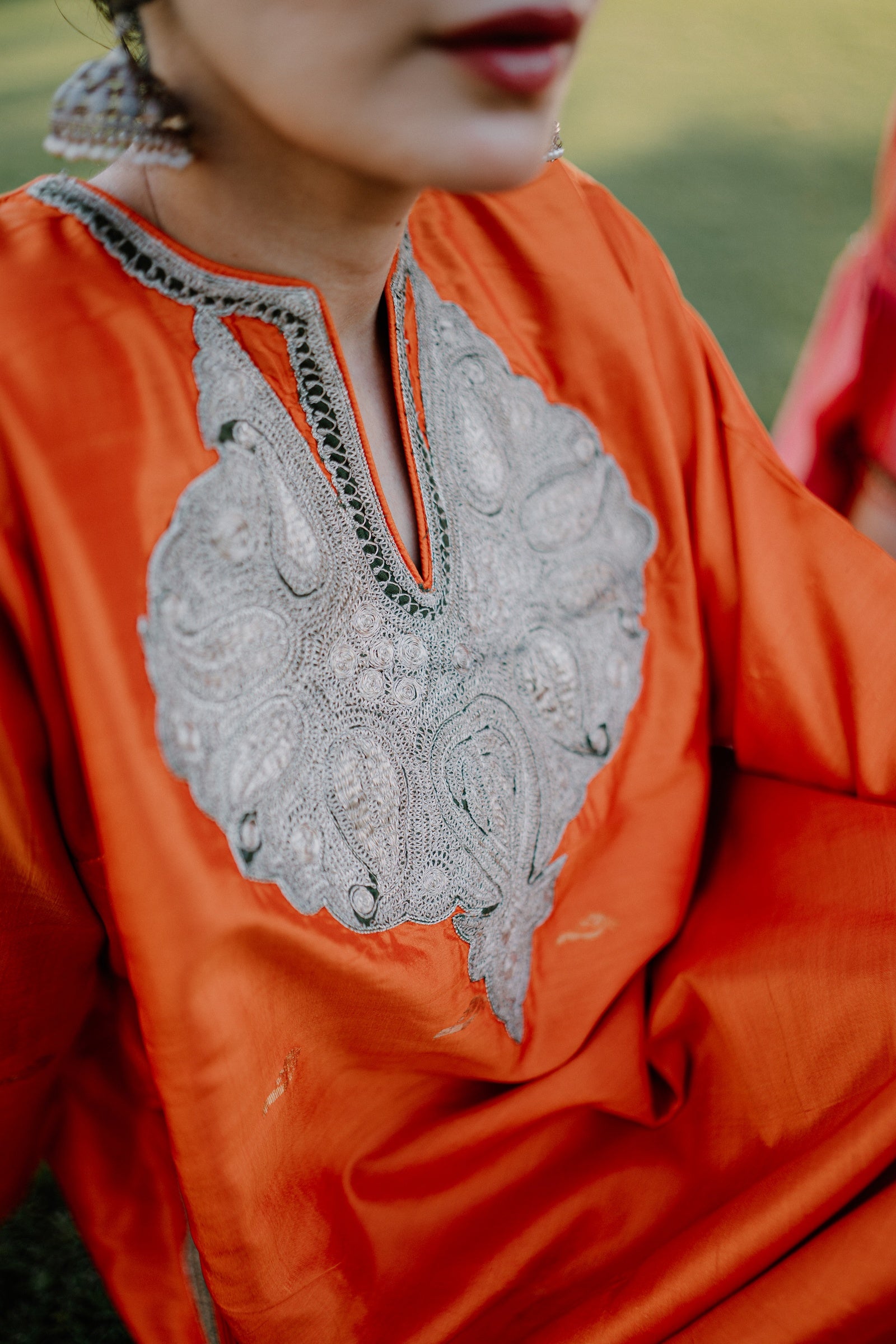 Orange Banarasi Silk Phiran Set with Silver Tilla