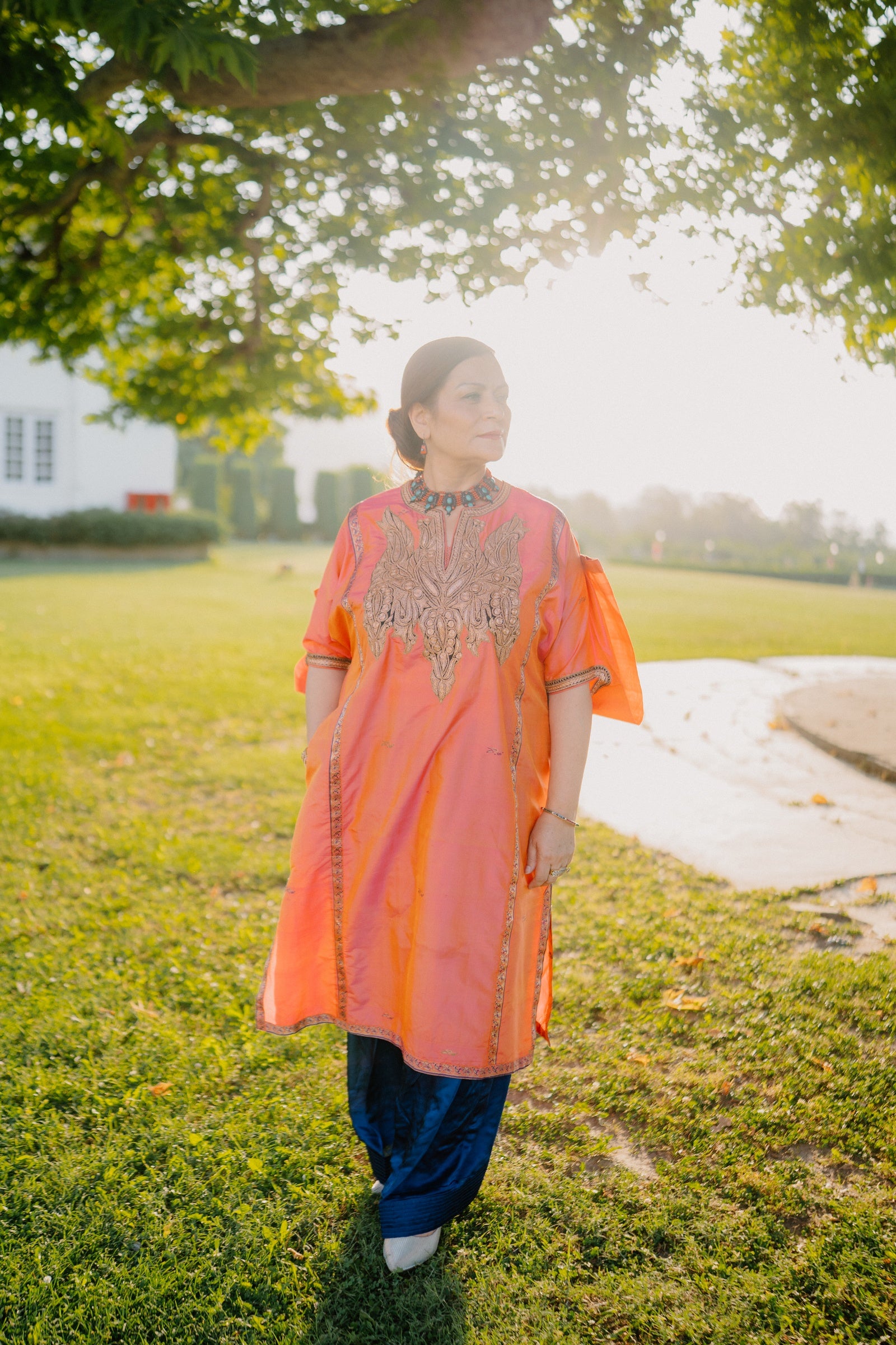 Peach Banarasi Silk Phiran Set with Golden Tilla