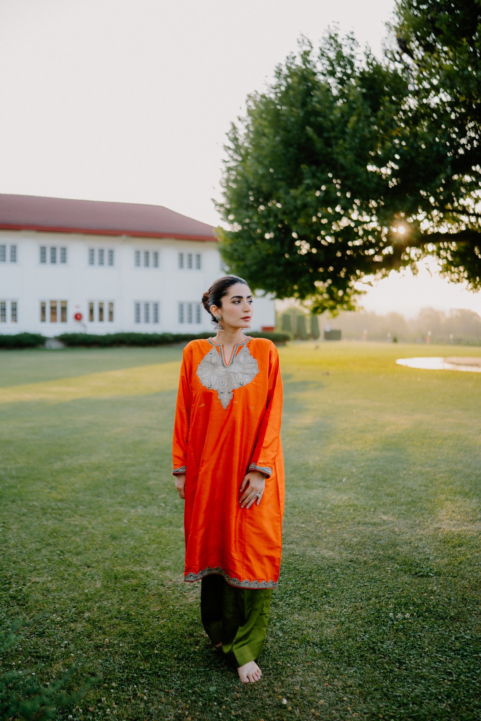 Orange Banarasi Silk Phiran Set with Silver Tilla