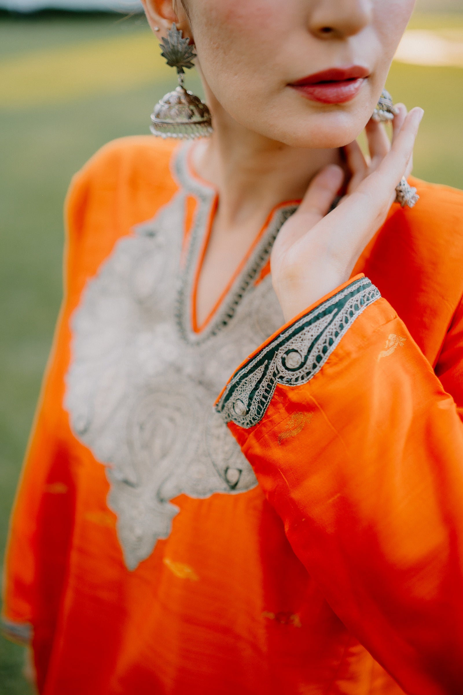 Orange Banarasi Silk Phiran Set with Silver Tilla