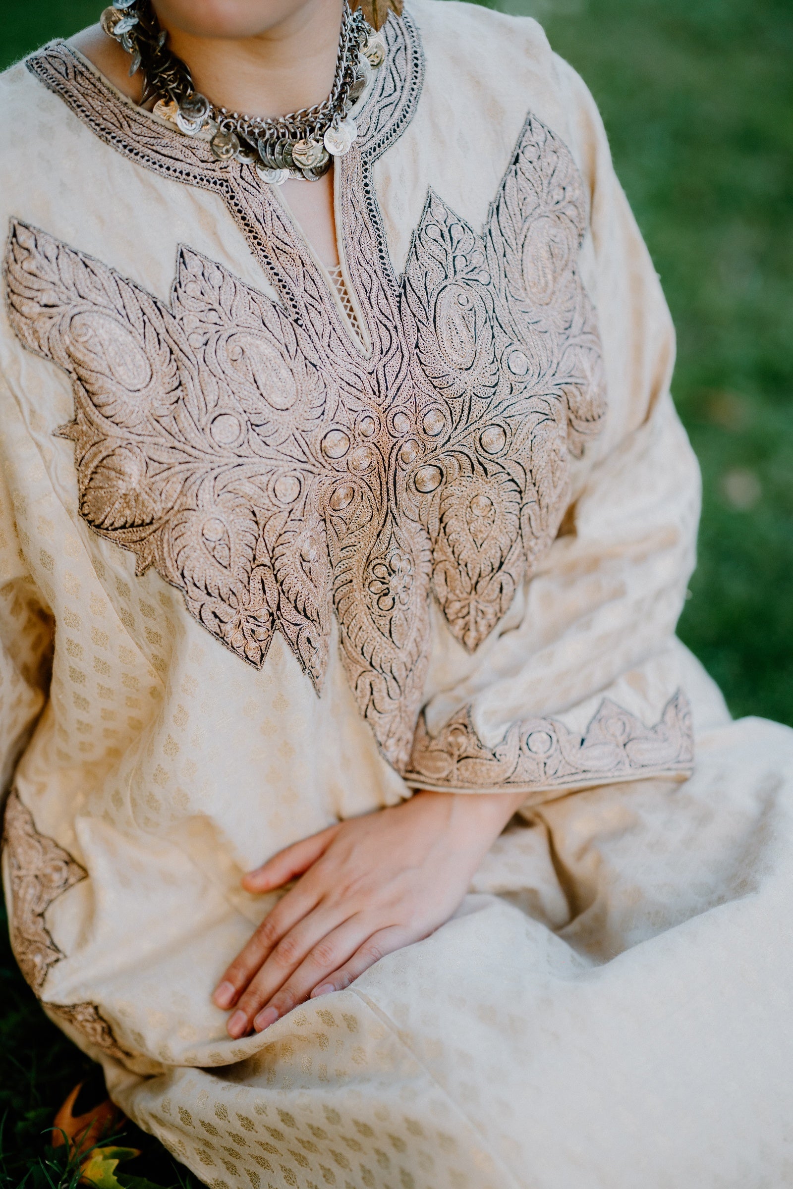 Muga Silk Jamawar Phiran Set with Golden Tilla