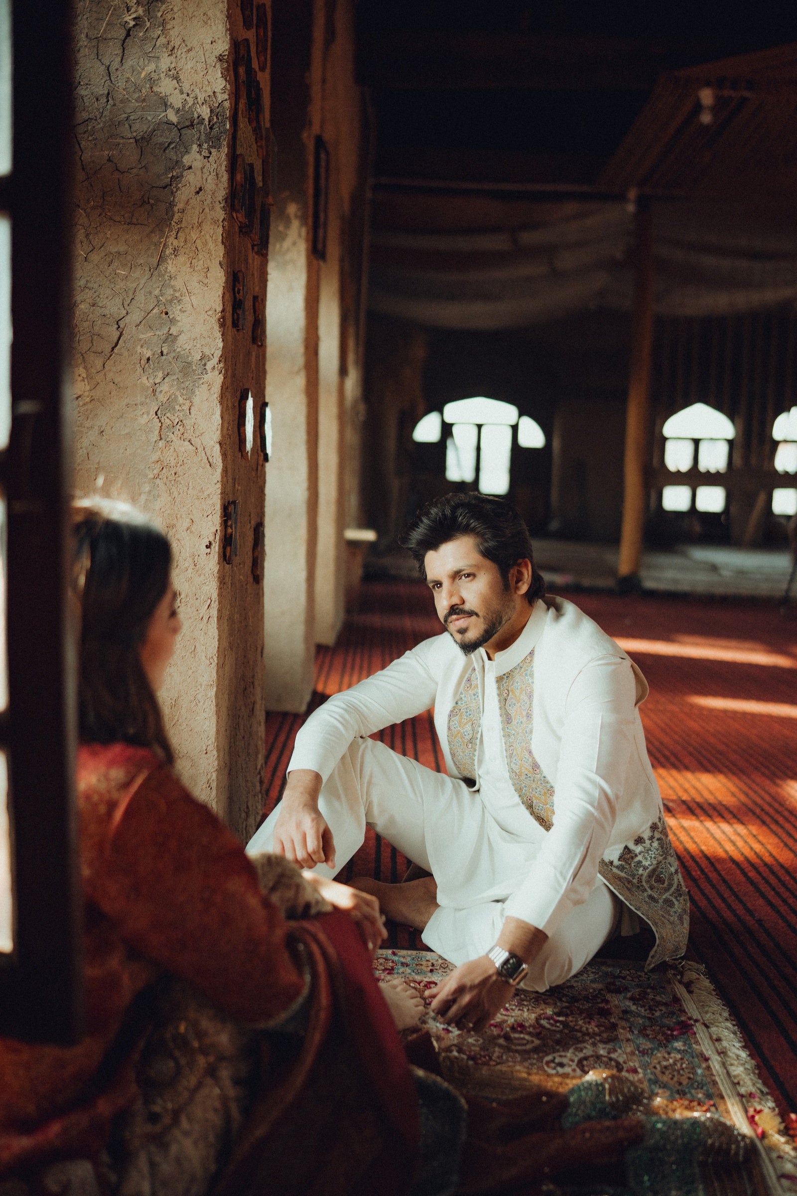 Off-White Kameez, Flared Pants & Linen Jacket Set
