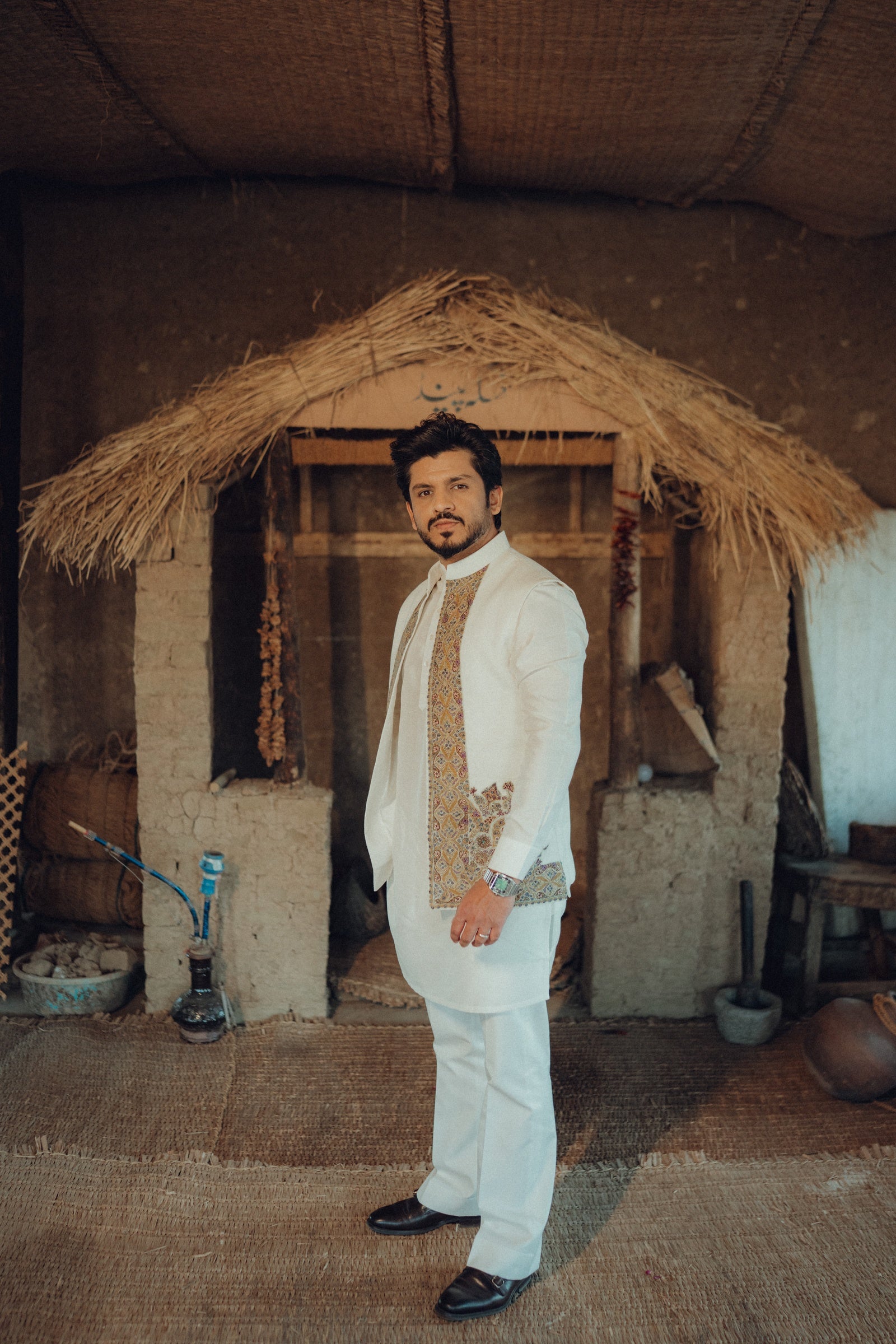 Off-White Kameez, Flared Pants & Linen Jacket Set