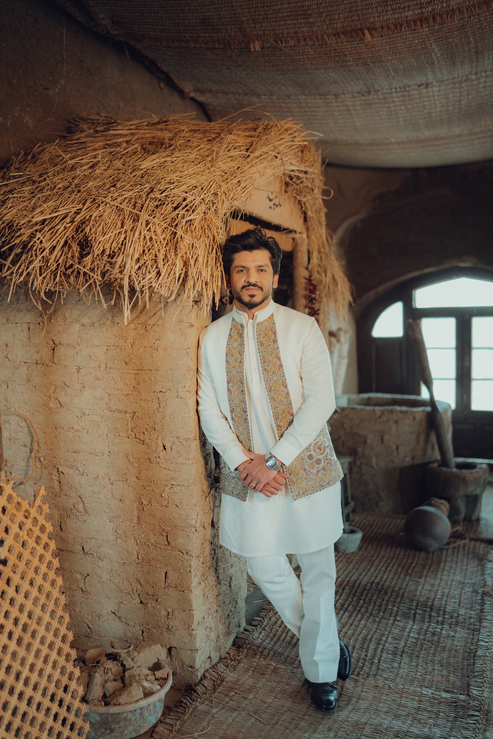 Off-White Kameez, Flared Pants & Linen Jacket Set
