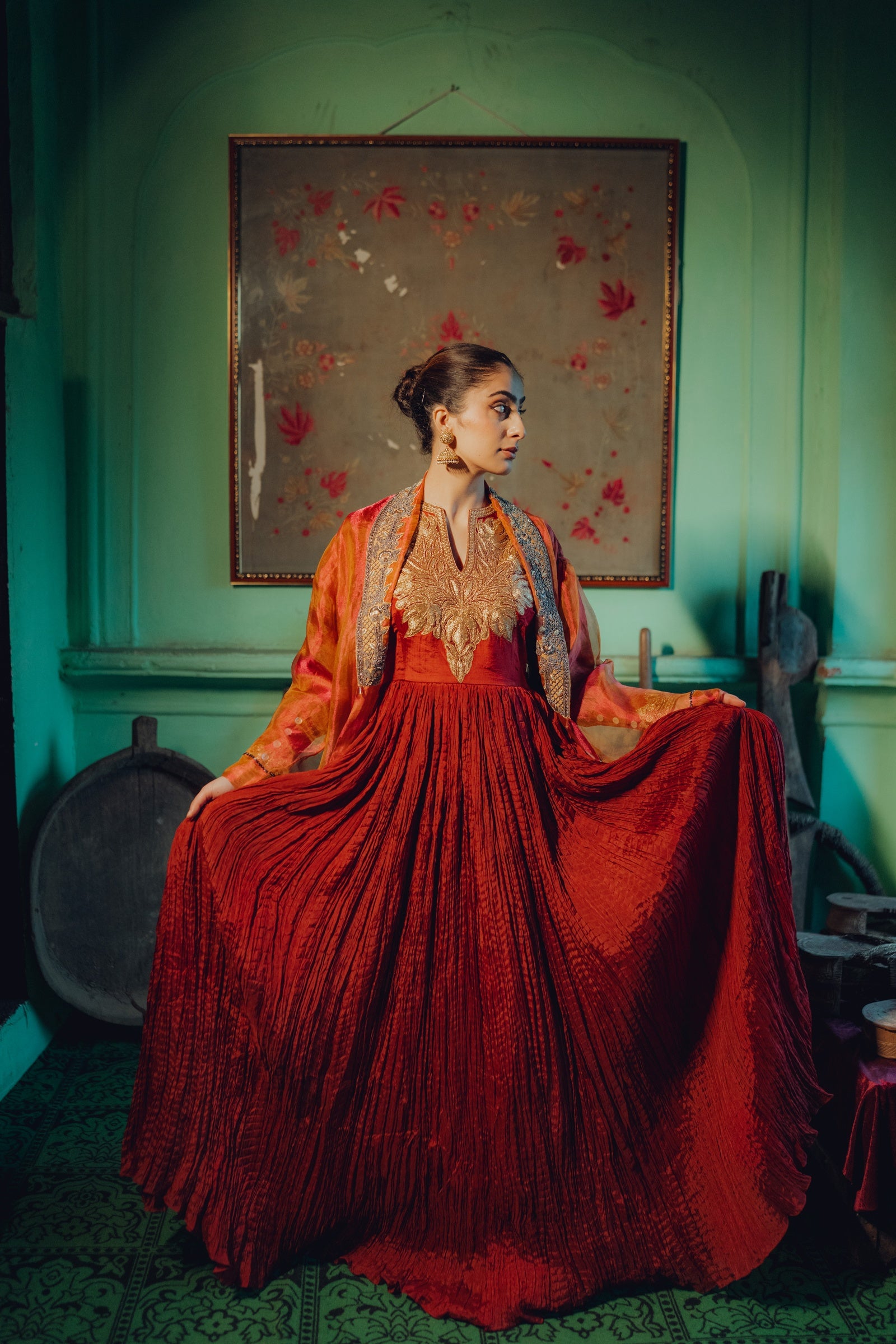 Crushed Silk Tilla Anarkali with Organza Jacket