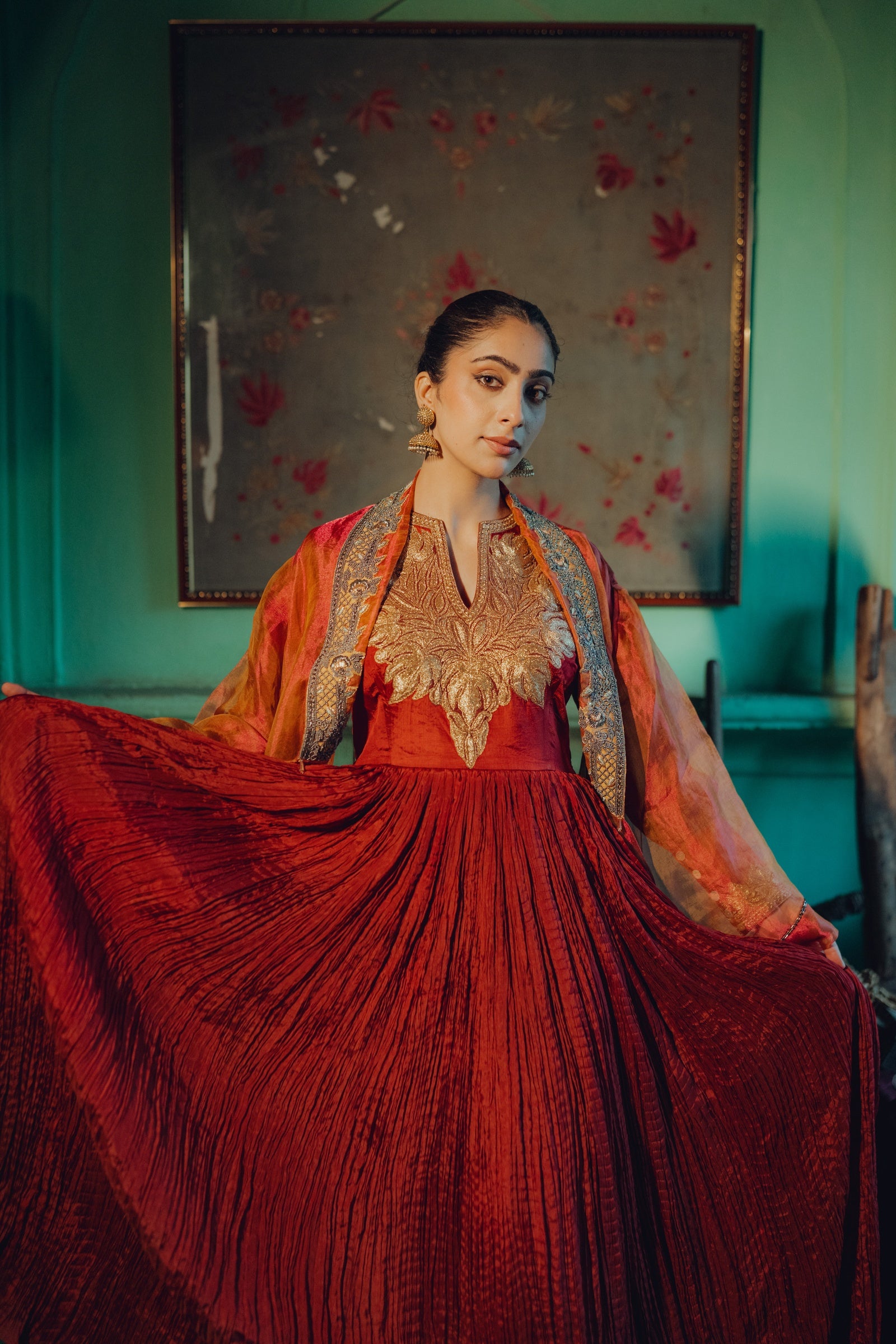 Crushed Silk Tilla Anarkali with Organza Jacket