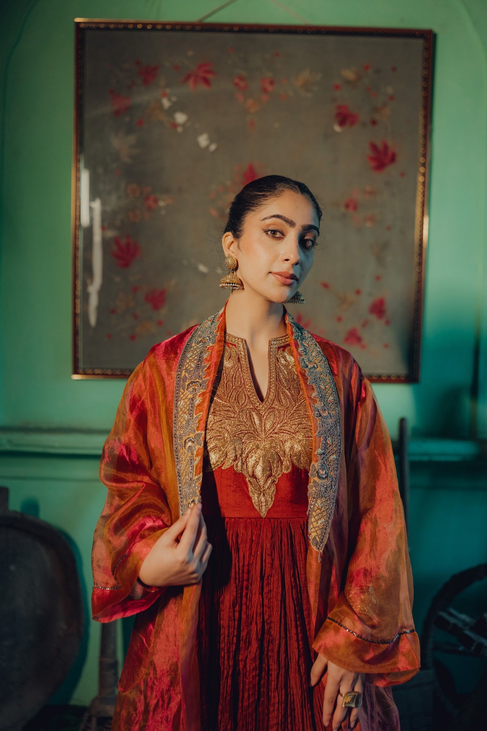 Crushed Silk Tilla Anarkali with Organza Jacket