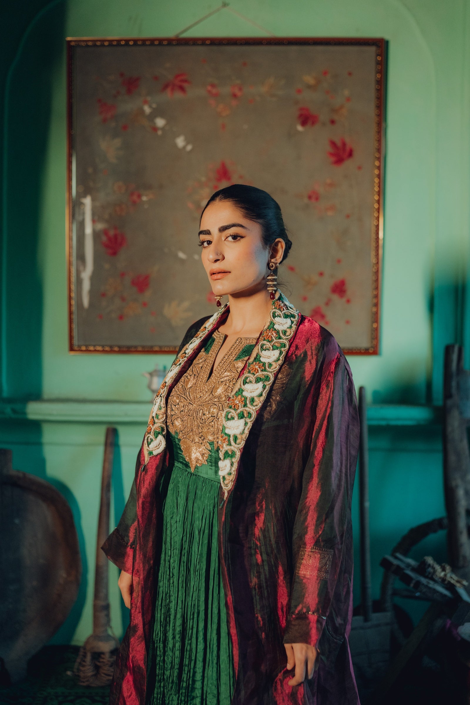 Crushed Silk Tilla Anarkali with Ombre Organza Jacket - Rust