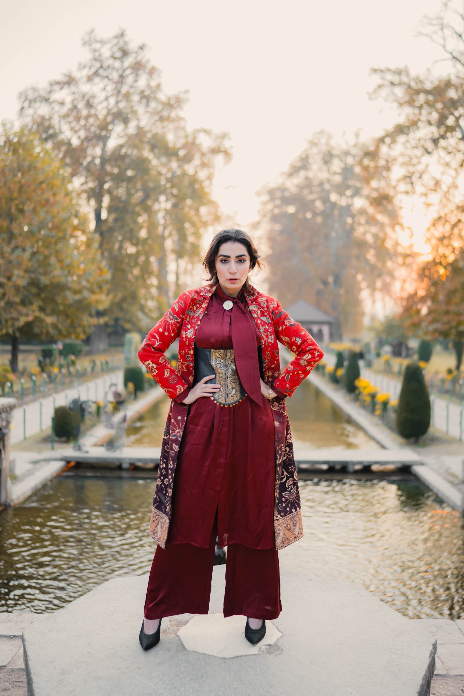 Khumaar - BURGUNDY SATIN SHIRT WITH MATCHING BOTTOMS
