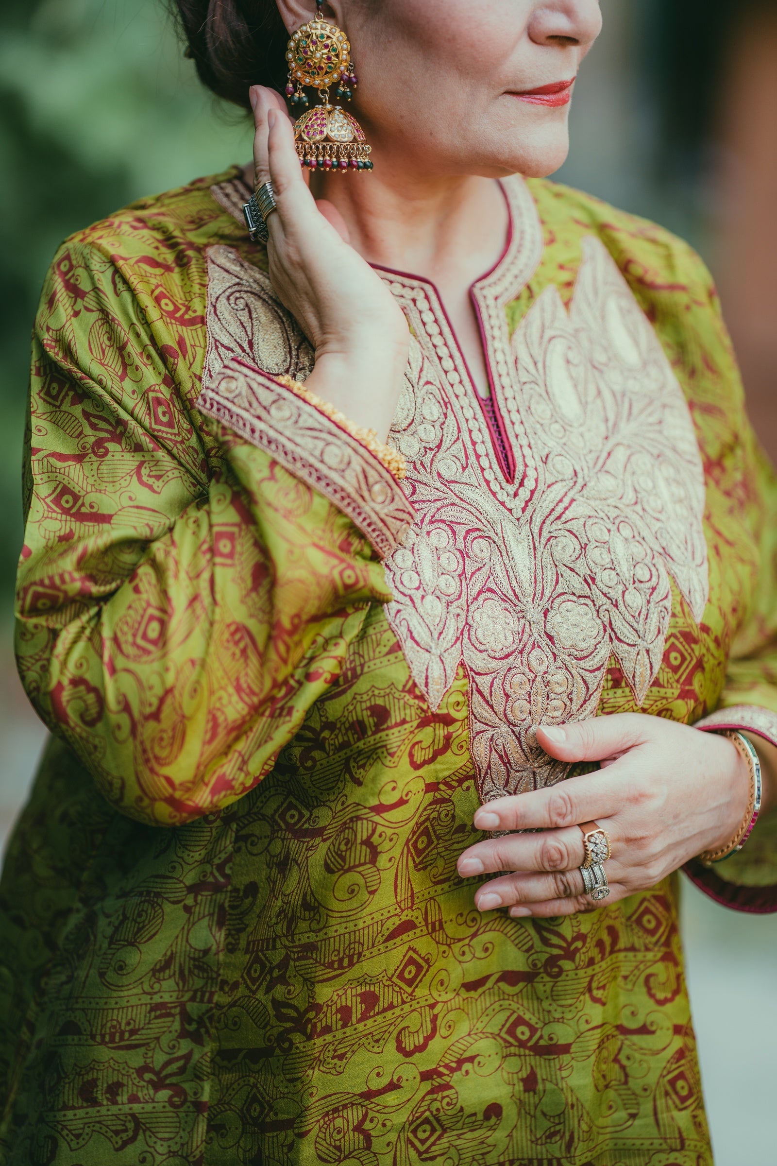 Mehendi Green Printed Silk Phiran with Maroon Shalwar