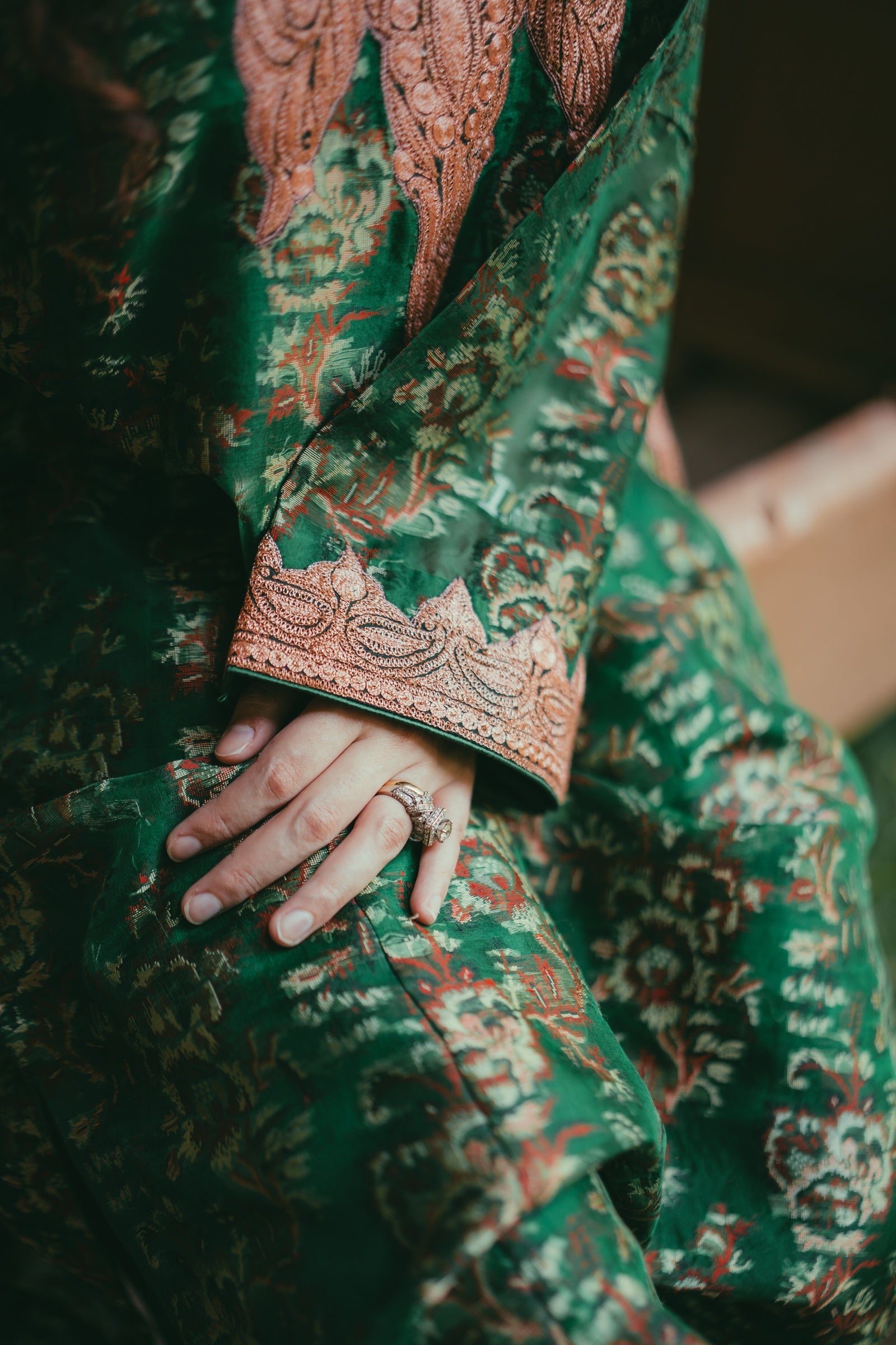 Green Jamdani Organza Phiran with Rose Gold Tilla