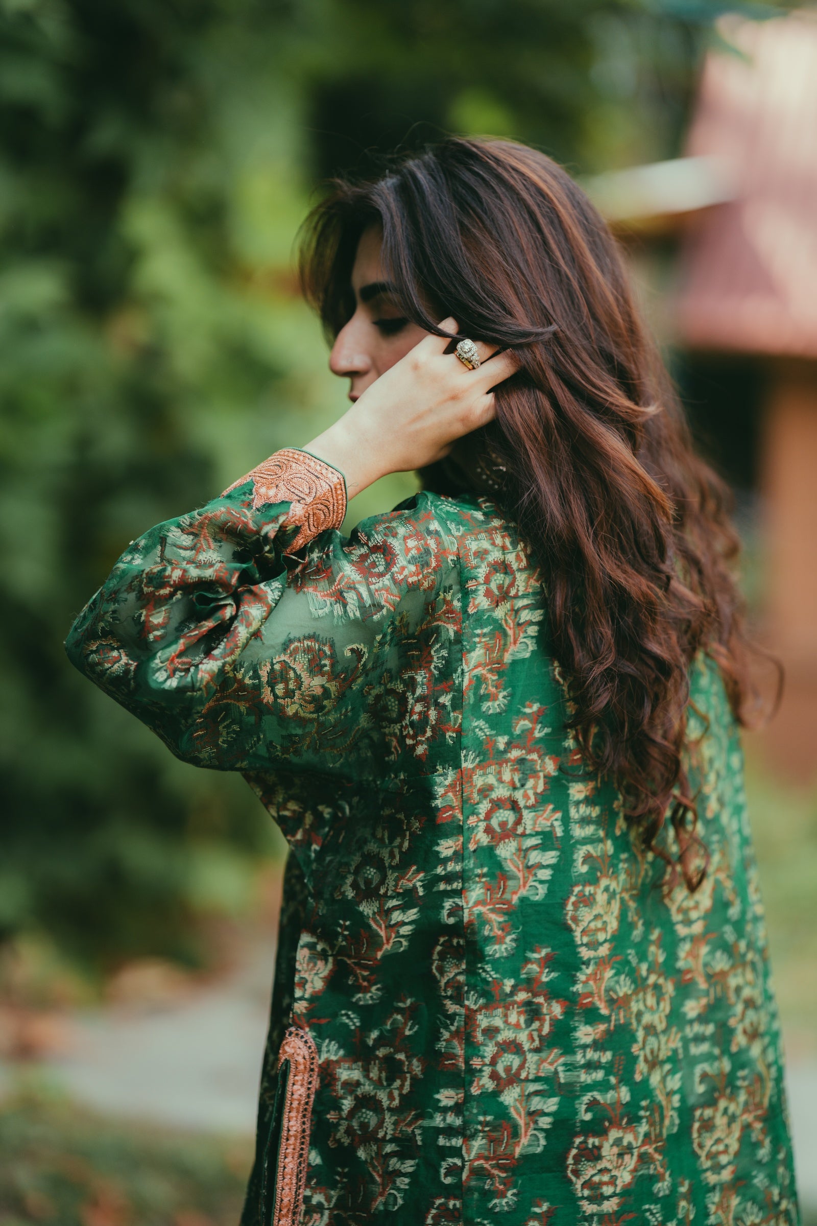 Green Jamdani Organza Phiran with Rose Gold Tilla