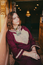 Maroon Satin Silk Gown with Gold Vintage Tilla