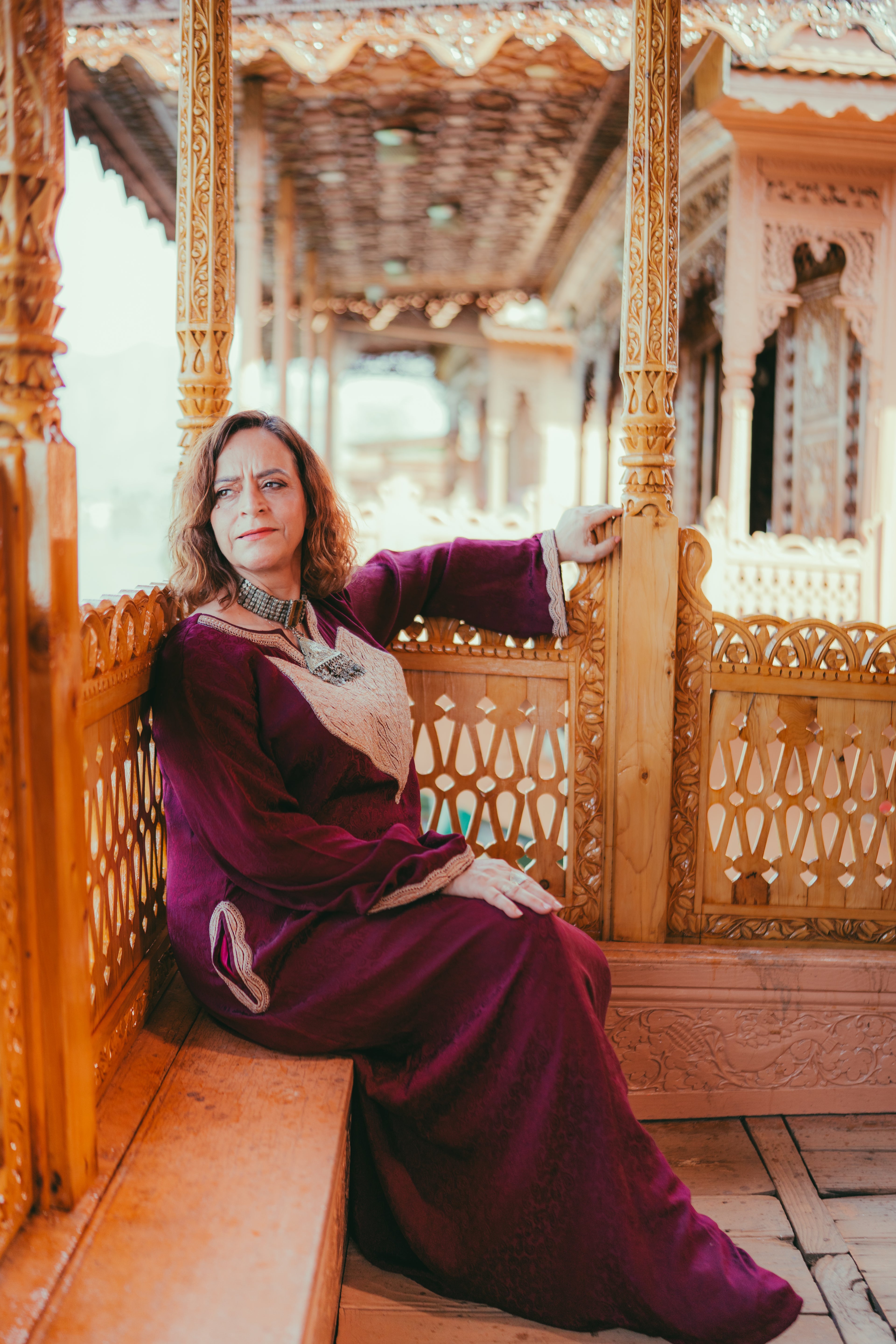 Maroon Satin Silk Gown with Gold Vintage Tilla