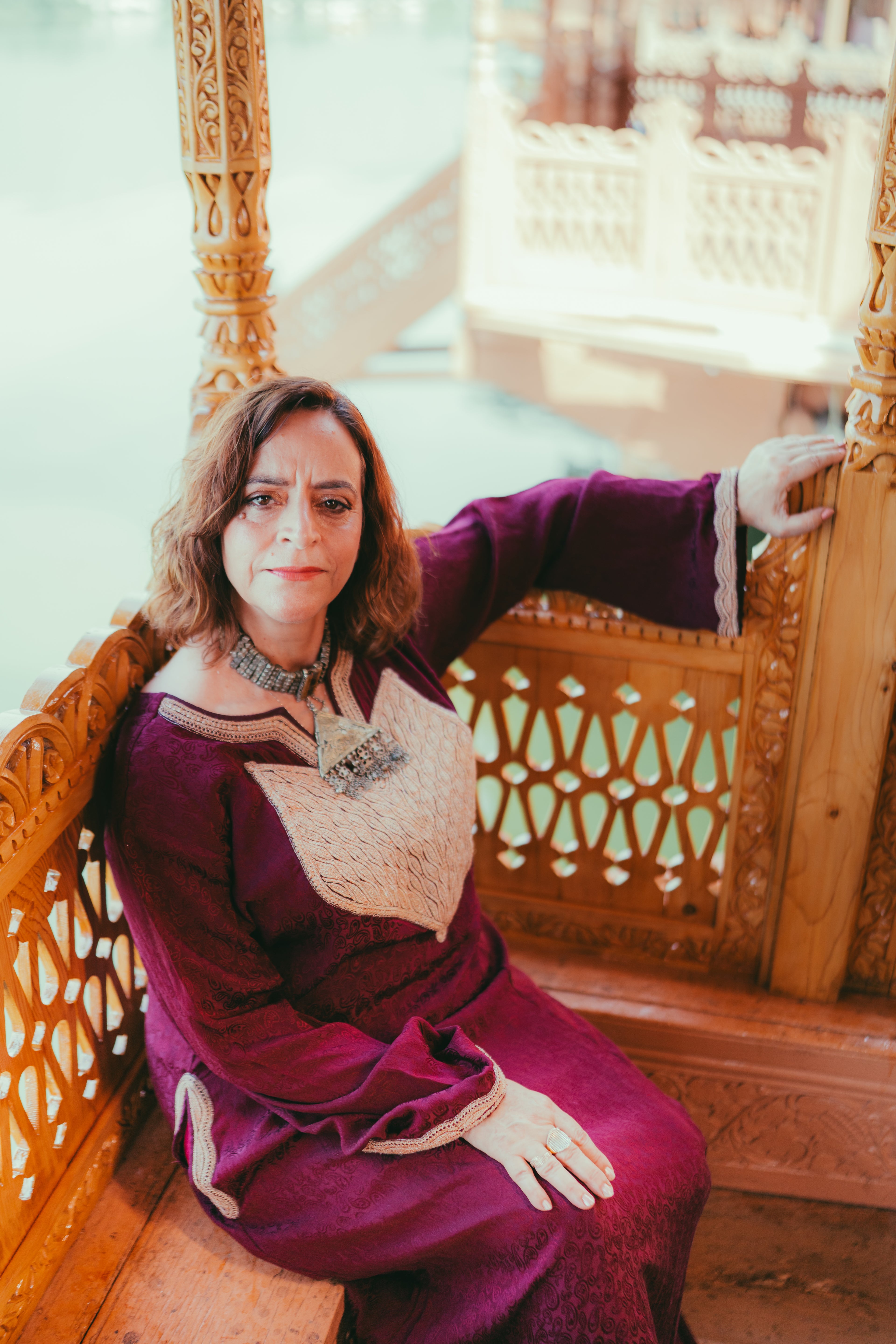 Maroon Satin Silk Gown with Gold Vintage Tilla
