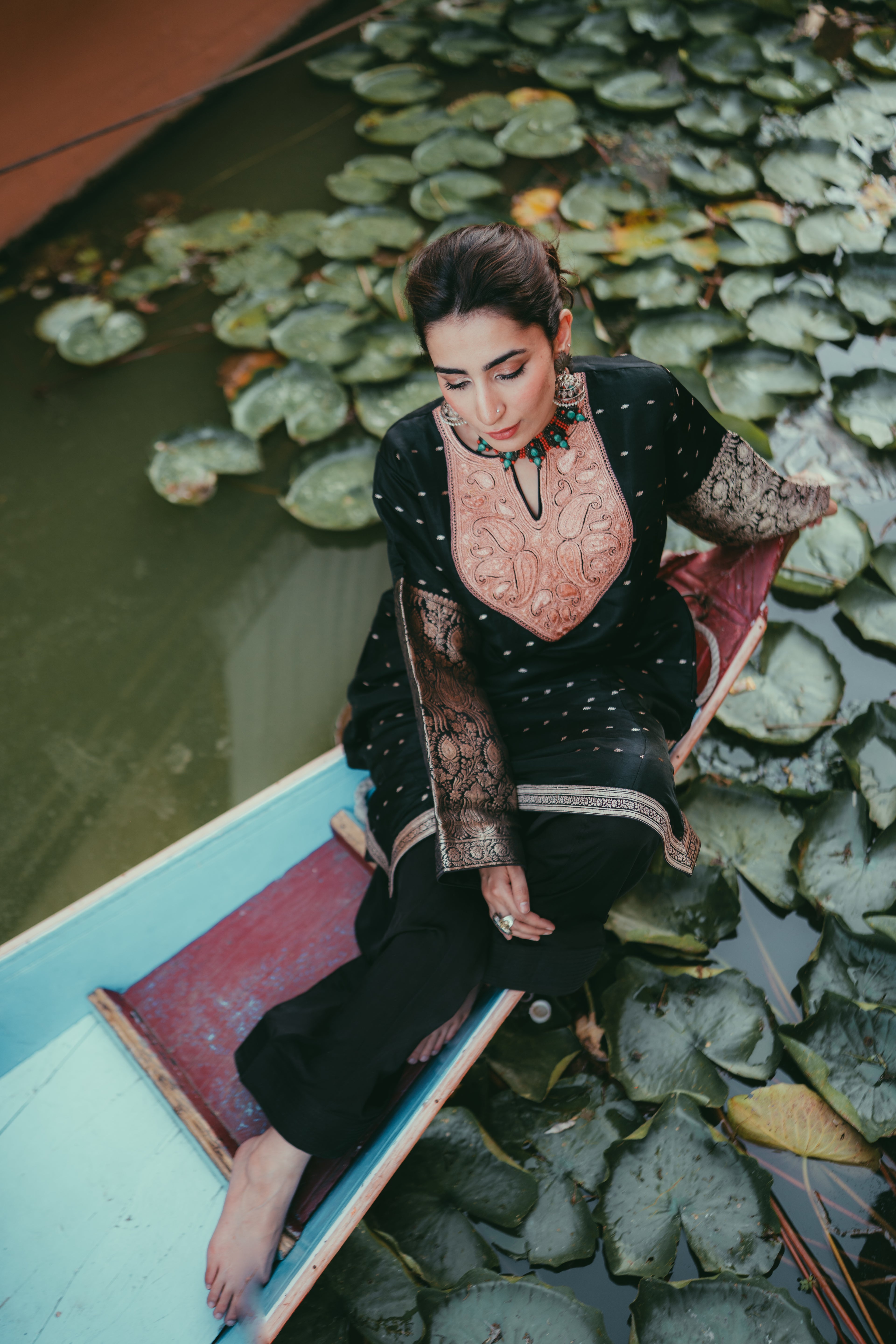 Black Tanchoi Silk Phiran with Farshi Salwar