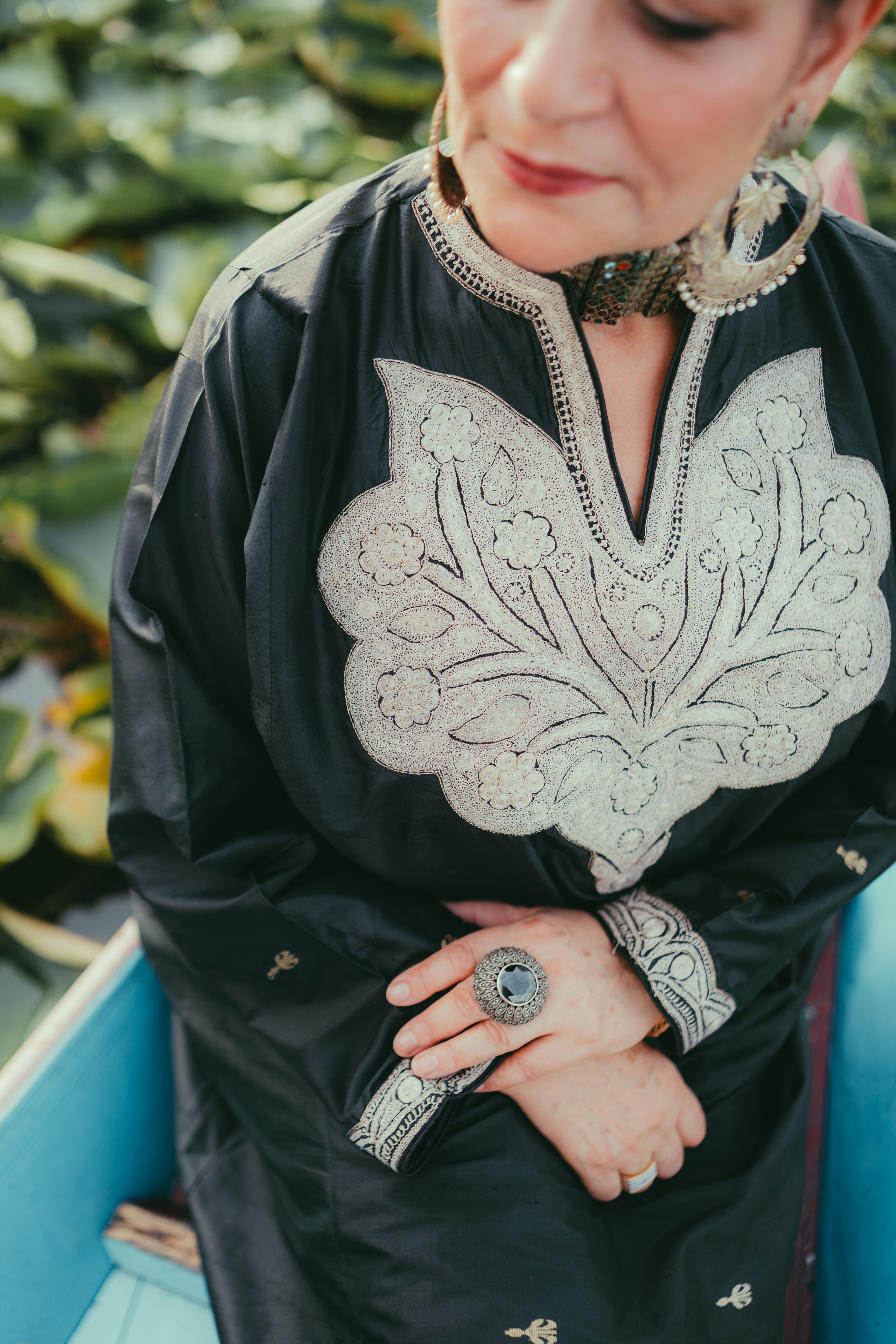 black handwoven silk phiran with vintage tilla