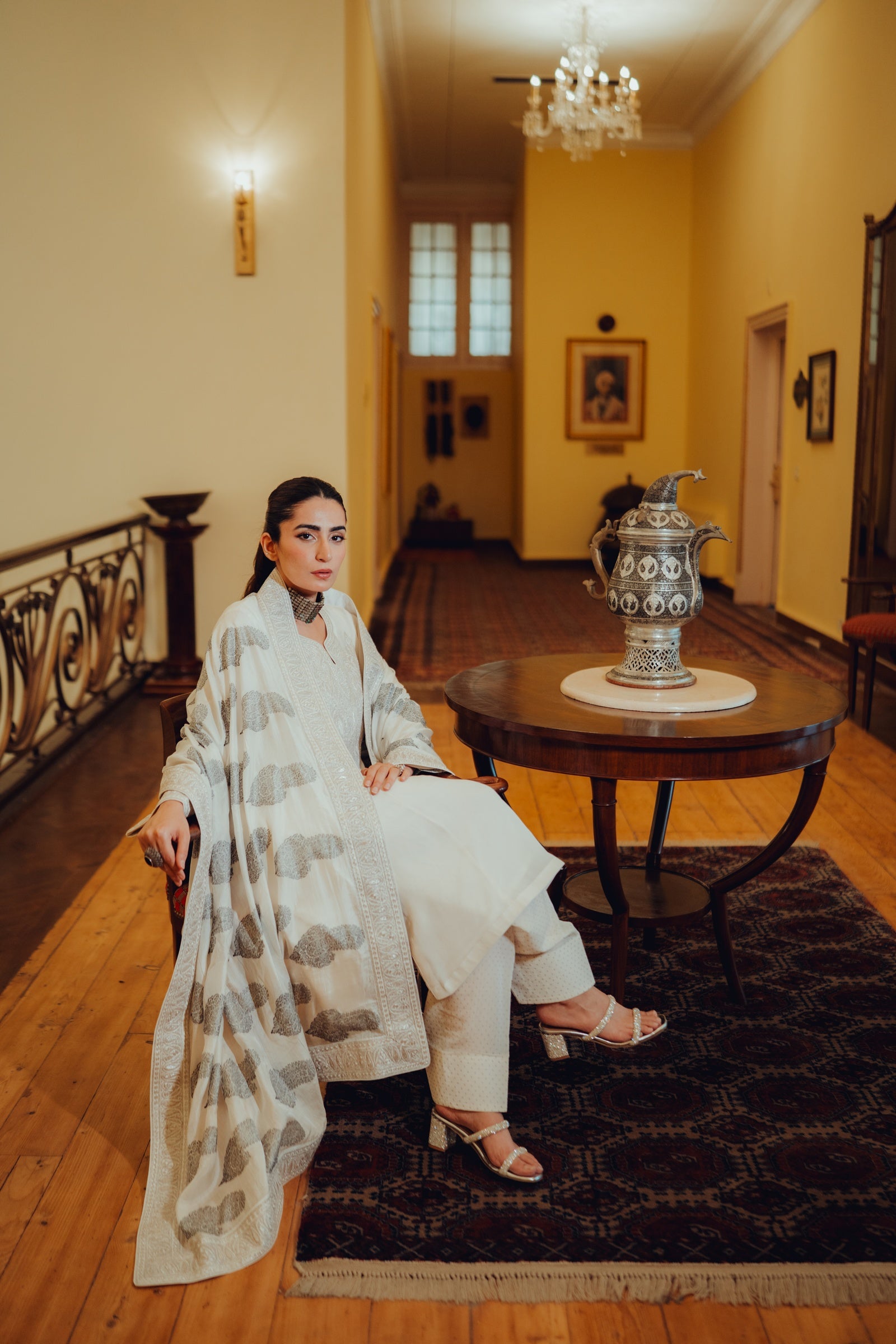 White Kashmiri Chinon Tilla Suit