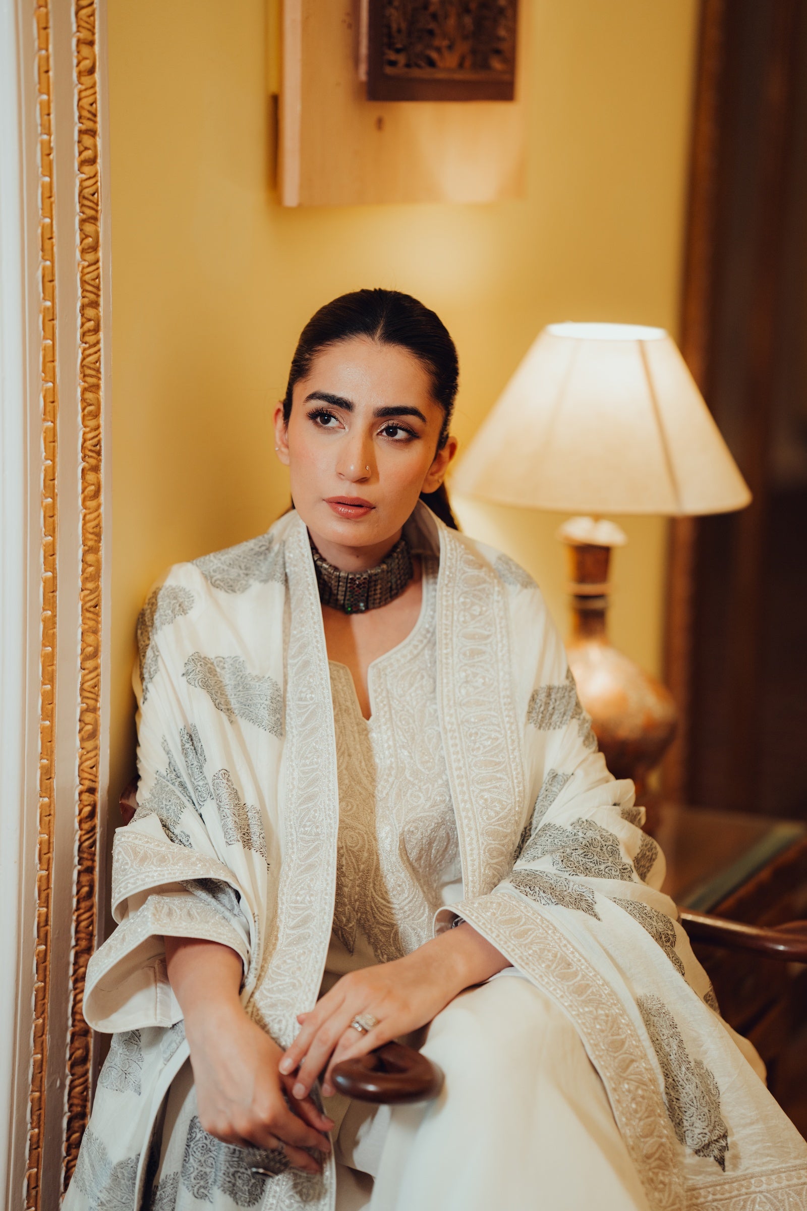 White Kashmiri Chinon Tilla Suit