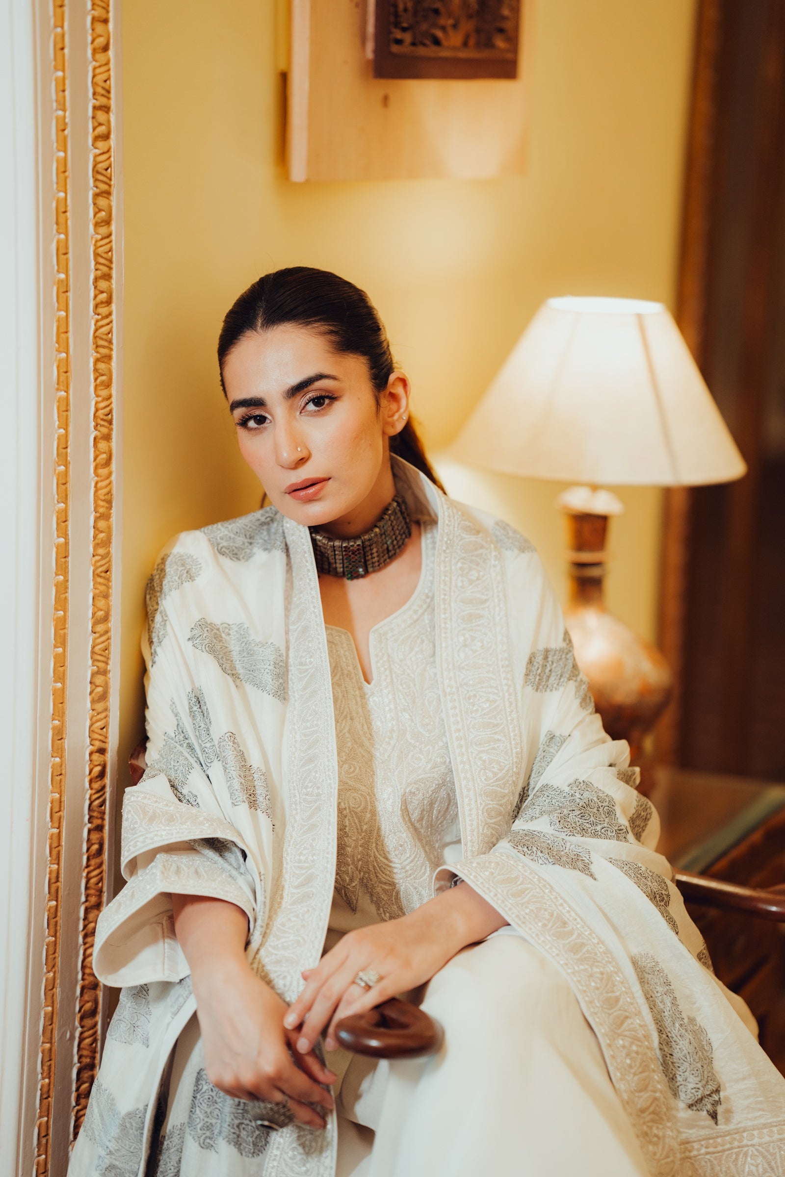 White Kashmiri Chinon Tilla Suit