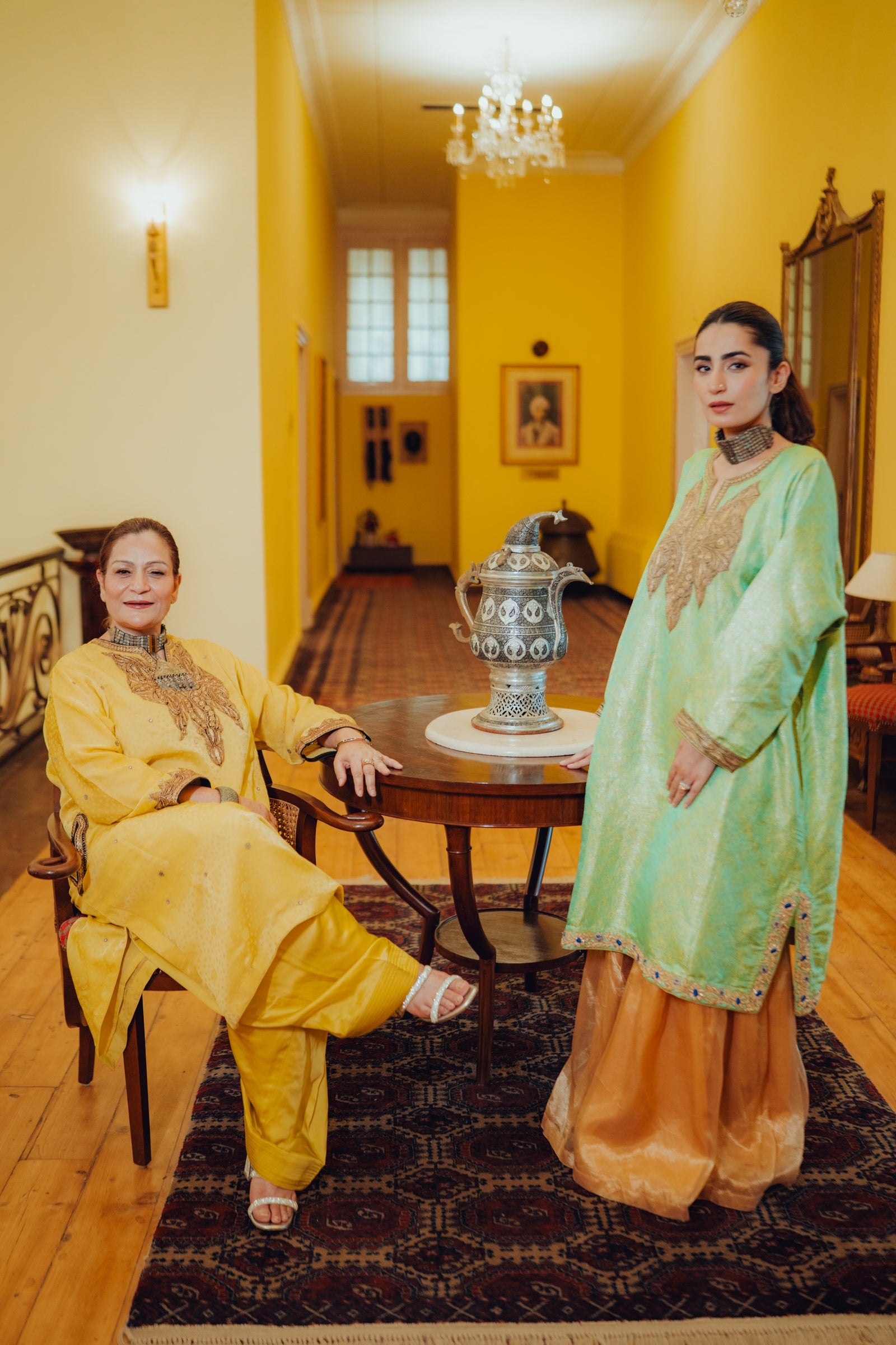 Yellow Satin Phiran Set with Kundan