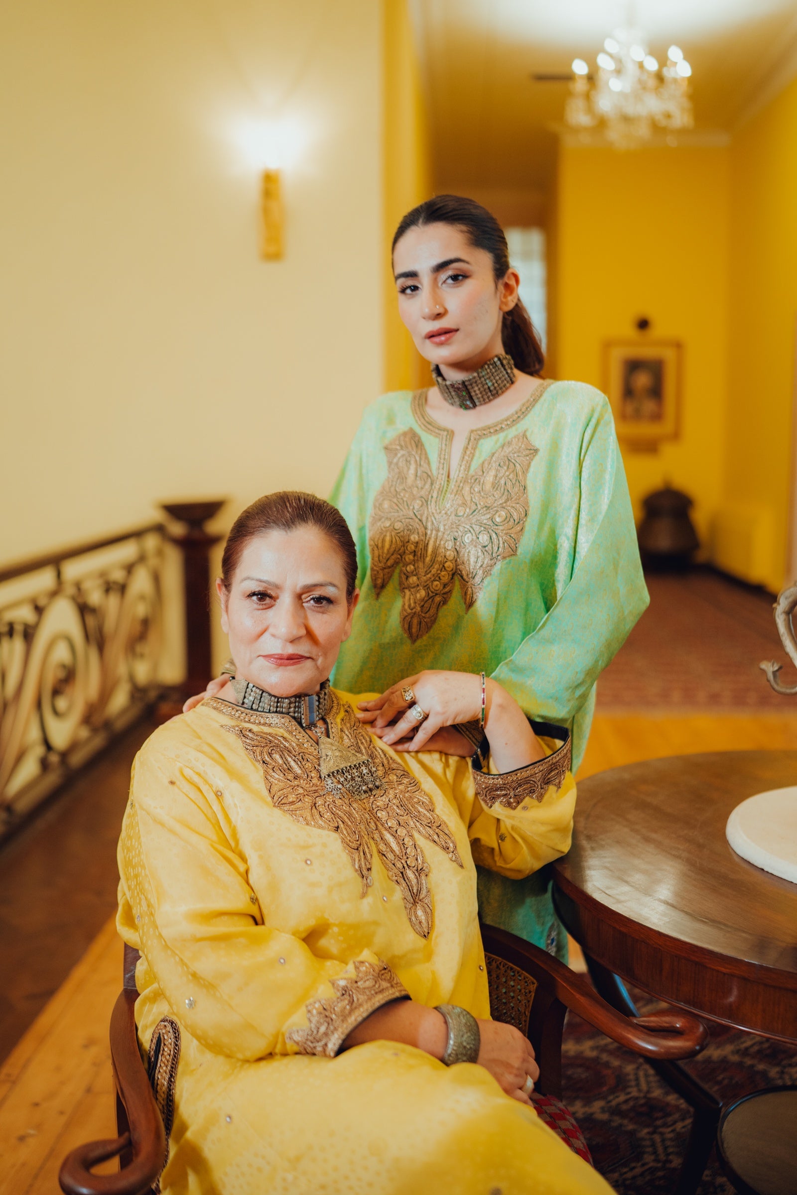 Sea-Green Jamawar Phiran Set with Golden Tilla