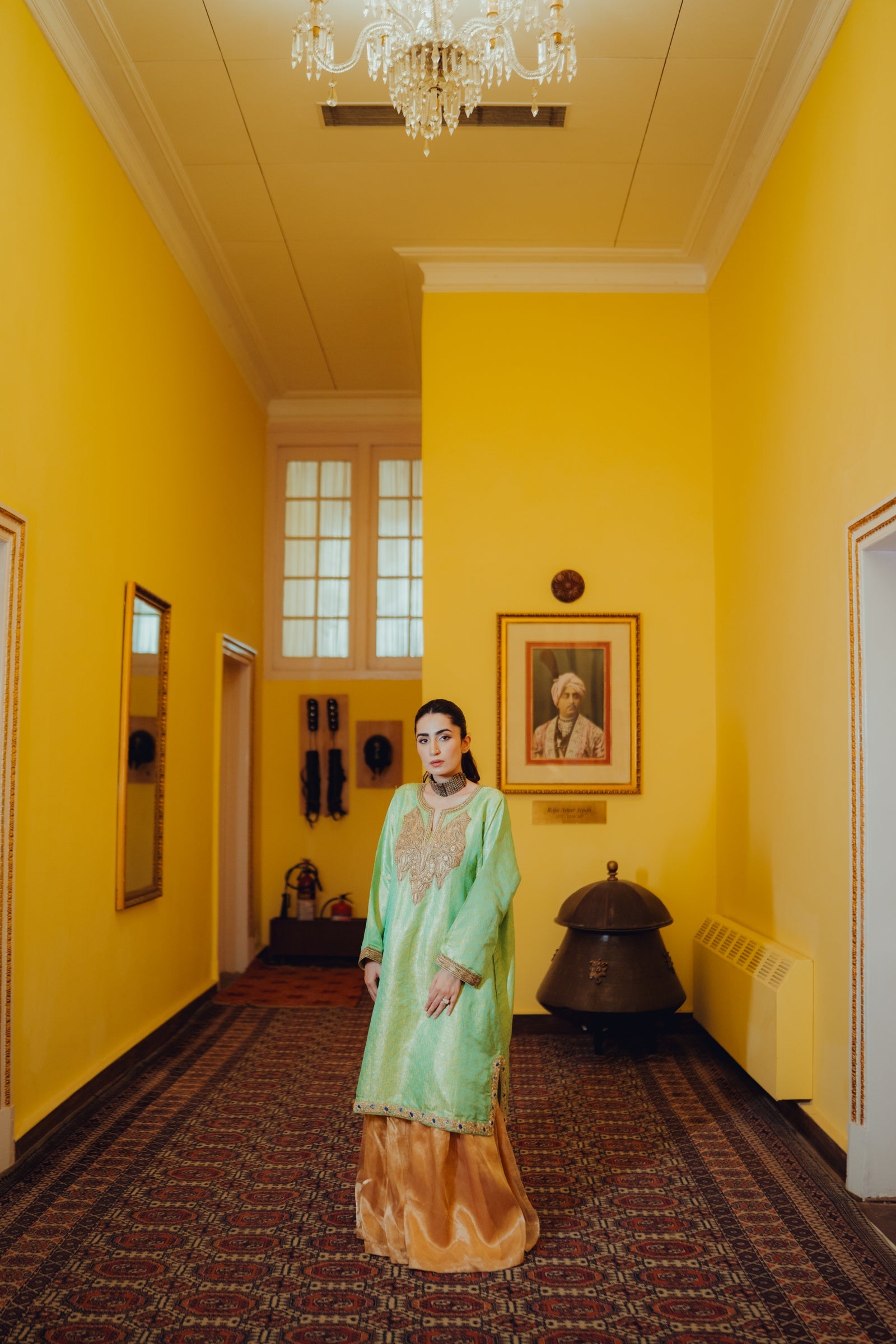 Sea-Green Jamawar Phiran Set with Golden Tilla