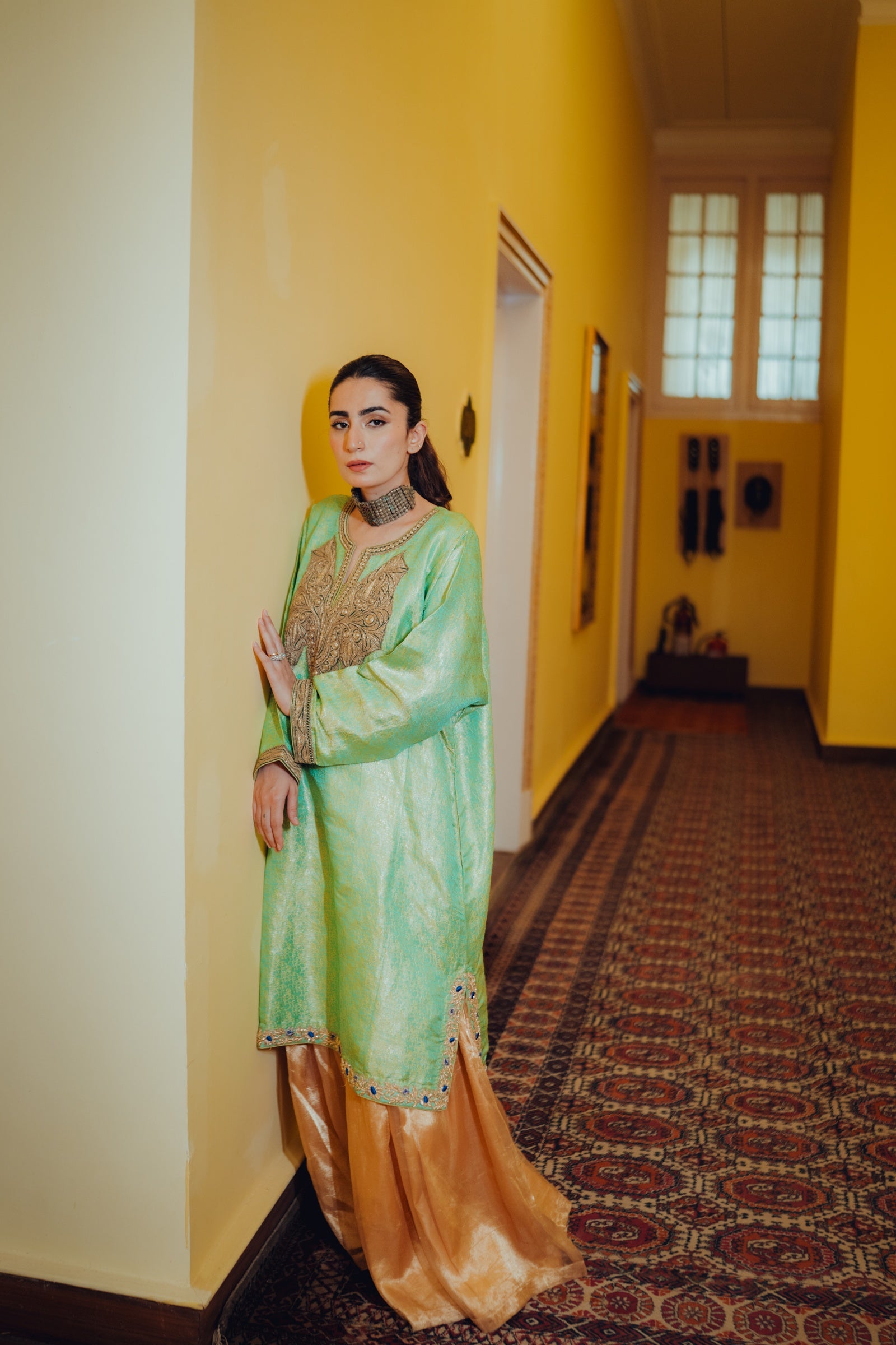 Sea-Green Jamawar Phiran Set with Golden Tilla