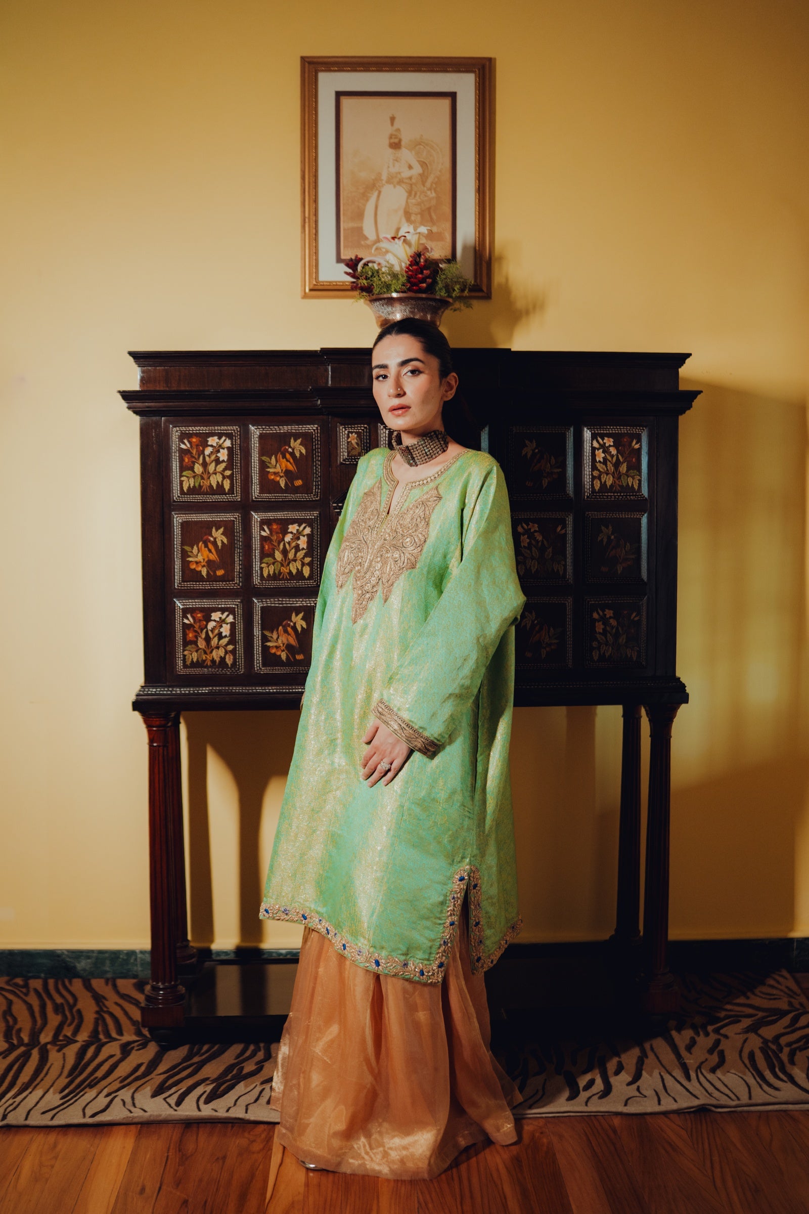 Sea-Green Jamawar Phiran Set with Golden Tilla