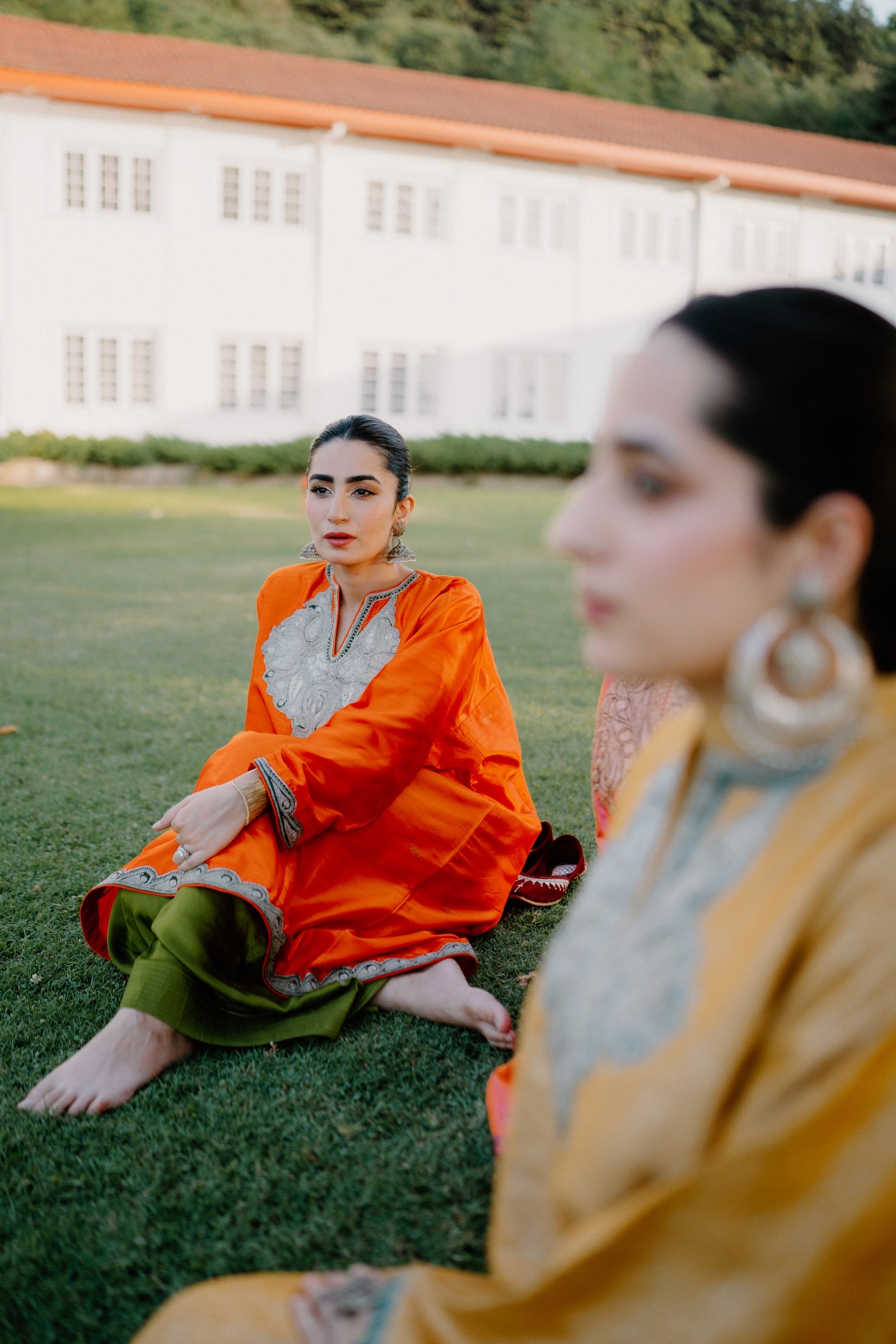 Orange Banarasi Silk Phiran Set with Silver Tilla