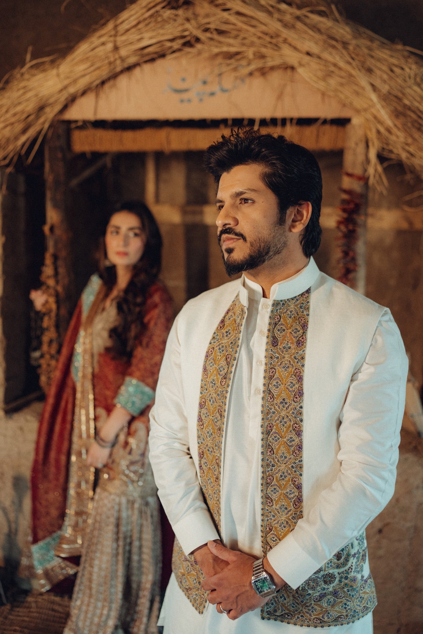 Off-White Kameez, Flared Pants & Linen Jacket Set