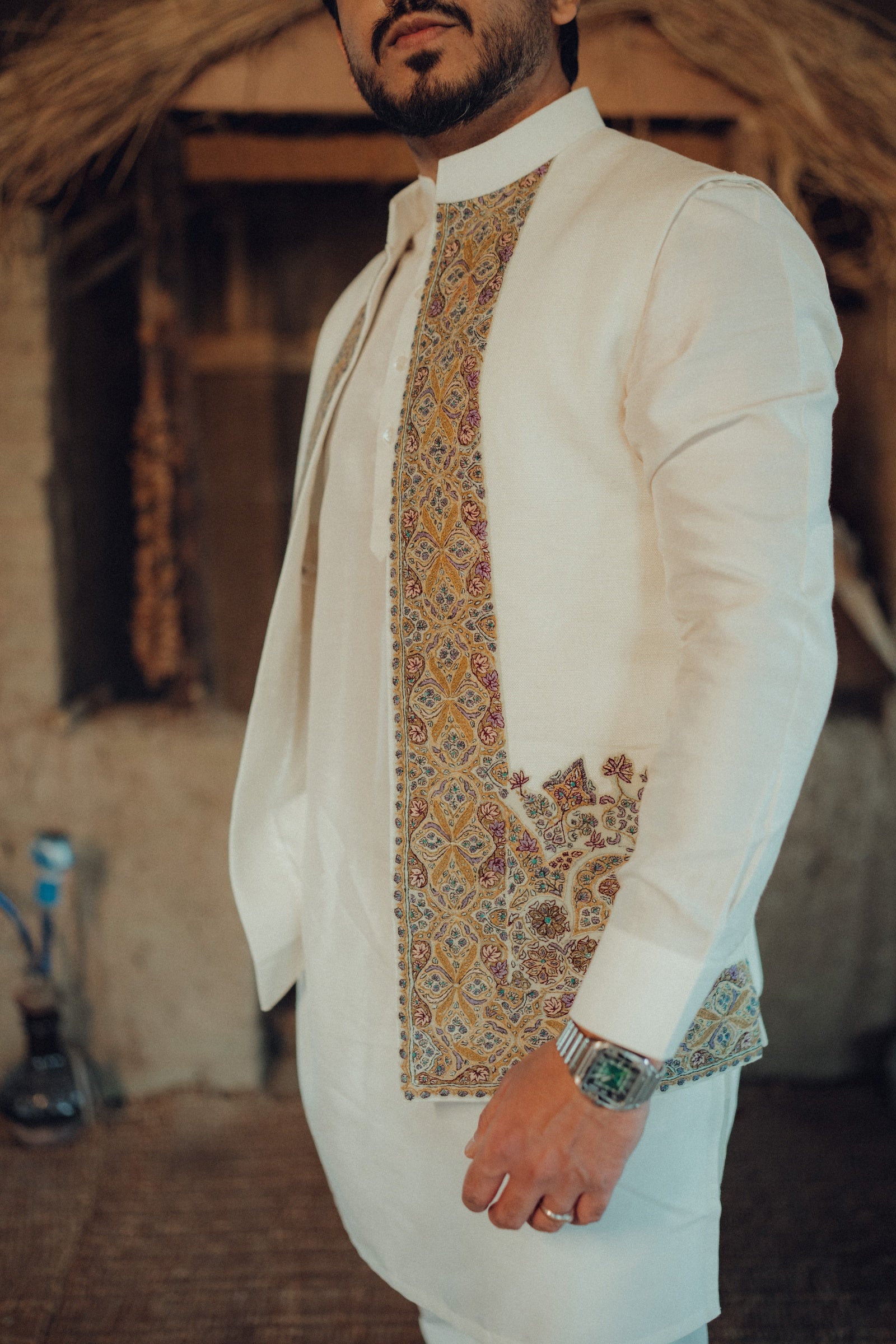 Off-White Kameez, Flared Pants & Linen Jacket Set