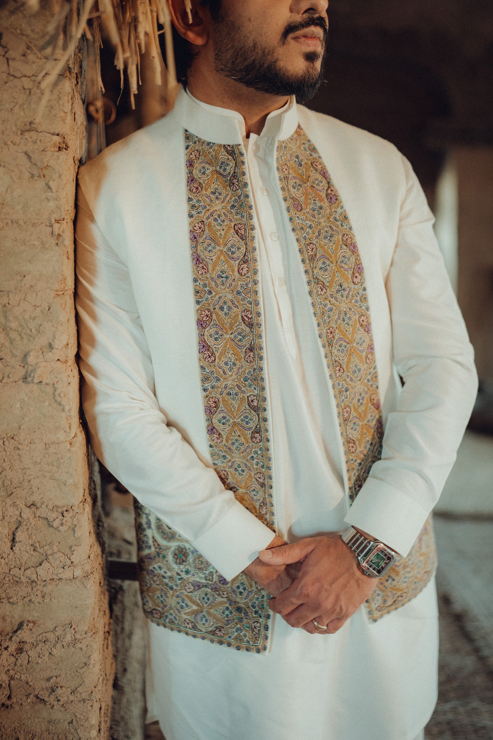 Off-White Kameez, Flared Pants & Linen Jacket Set